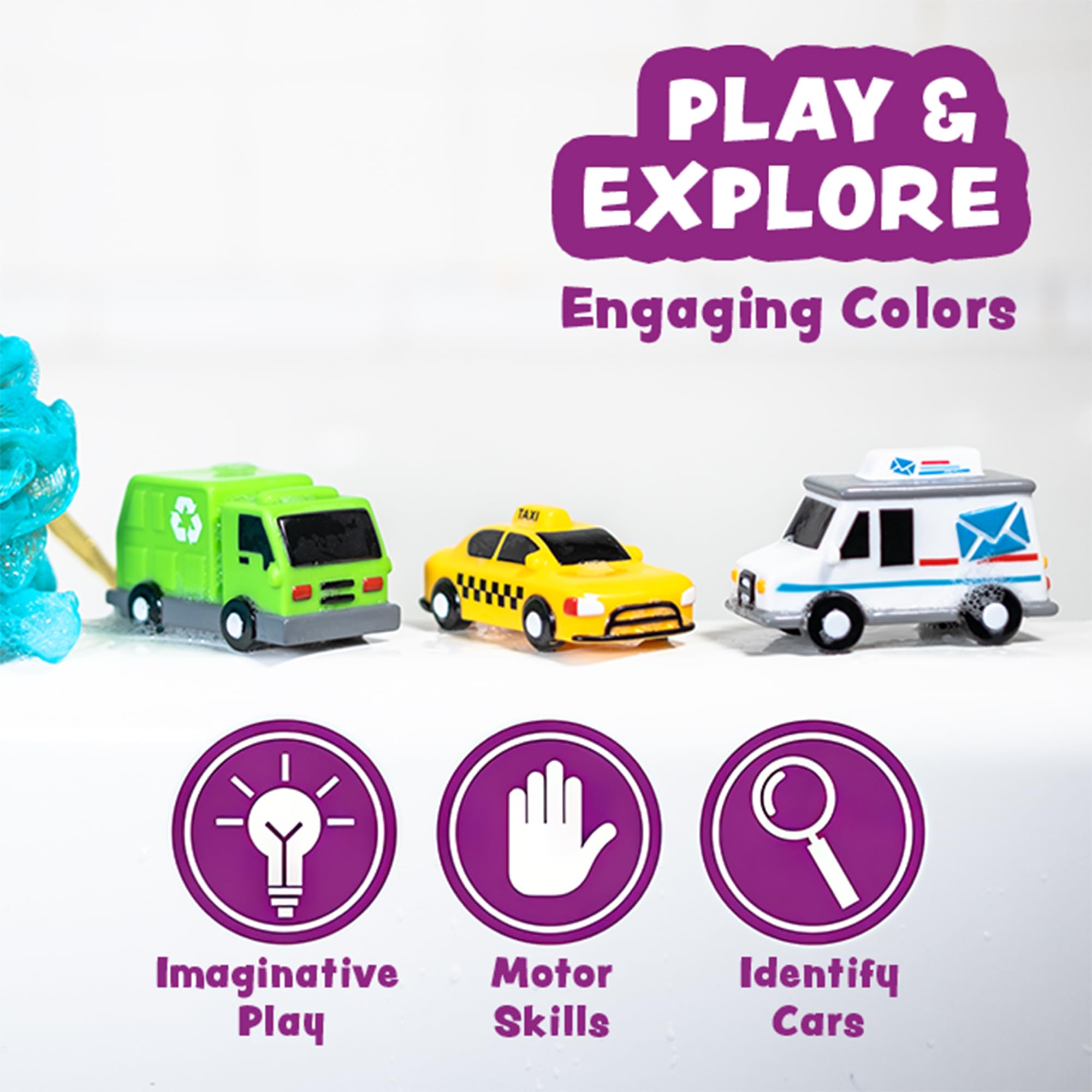 ® Vehicles™ - Juguetes de baño sin moho para coches de baño, paquete de 6, sellados, sin agujeros, diseño de juguetes de baño que mantiene la humedad fuera | Suave, exprimible y flota en el 7
