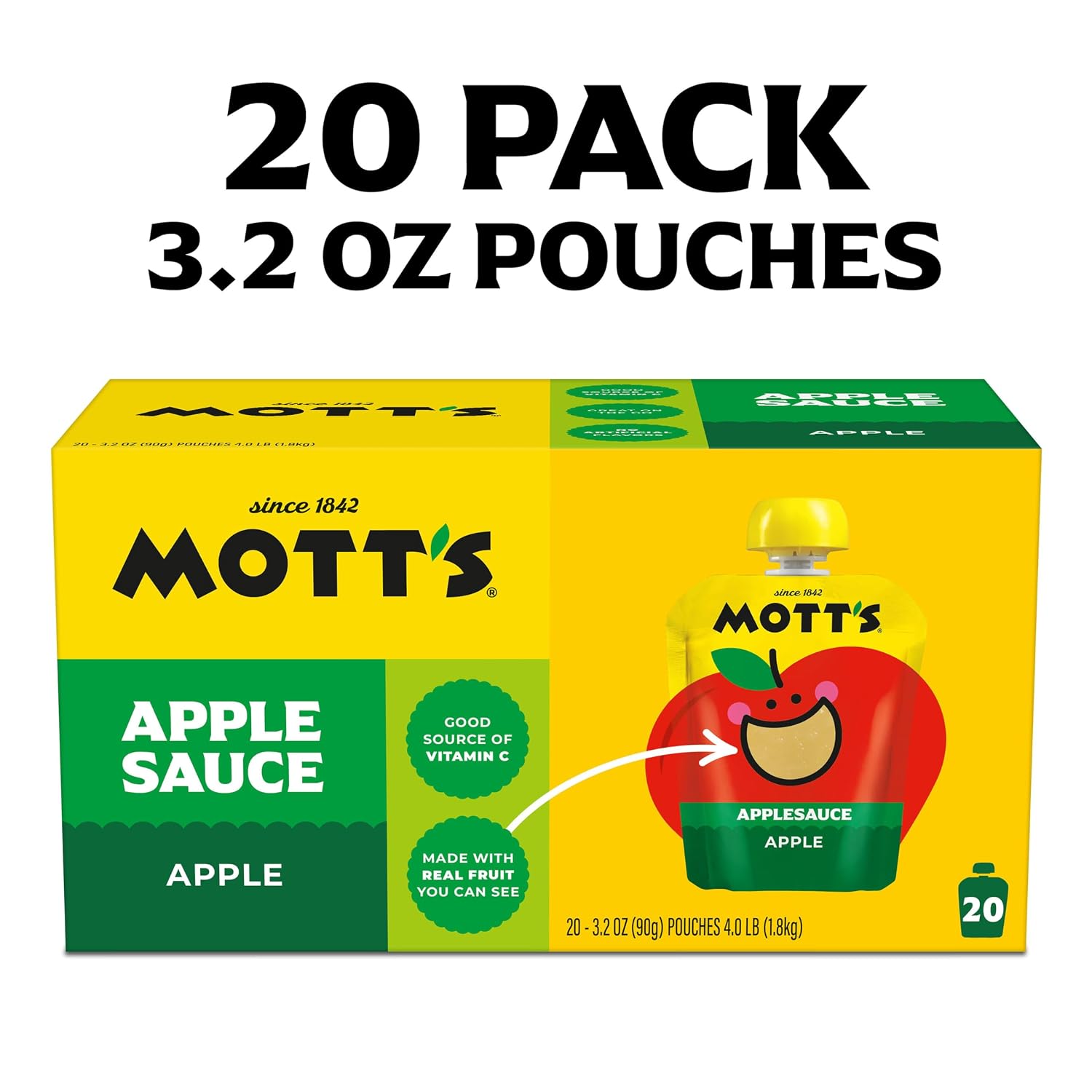 Mott's Applesauce, Made from Real Fruit, No Artificial Flavors, Good Source of Vitamin C, 3.2 oz Clear Pouches, 20 Pack
