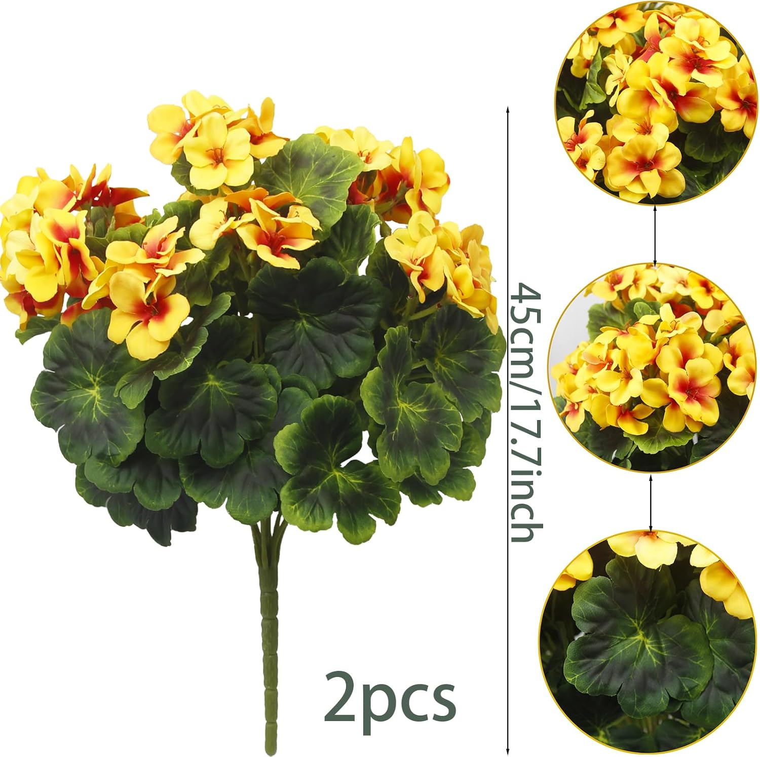 2 Pcs Artificial Geraniums for Outdoor Silk Geranium Flowers Yellow Artificial Geranium Bush Faux Flowers Geraniums Branch for Garden Patio Grave Cemetary Vase Table Centerpiece Indoor Decor - Image 2
