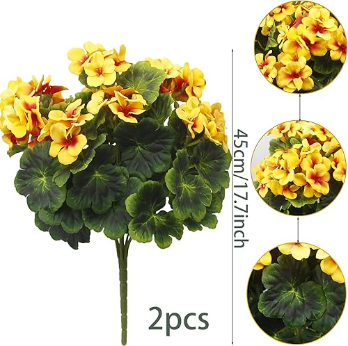 Miniatura 9 de 2 piezas de geranios artificiales para exteriores, flores de geranio de seda púrpura y rosa, arbusto de geranio artificial, flores sintéticas, ramas