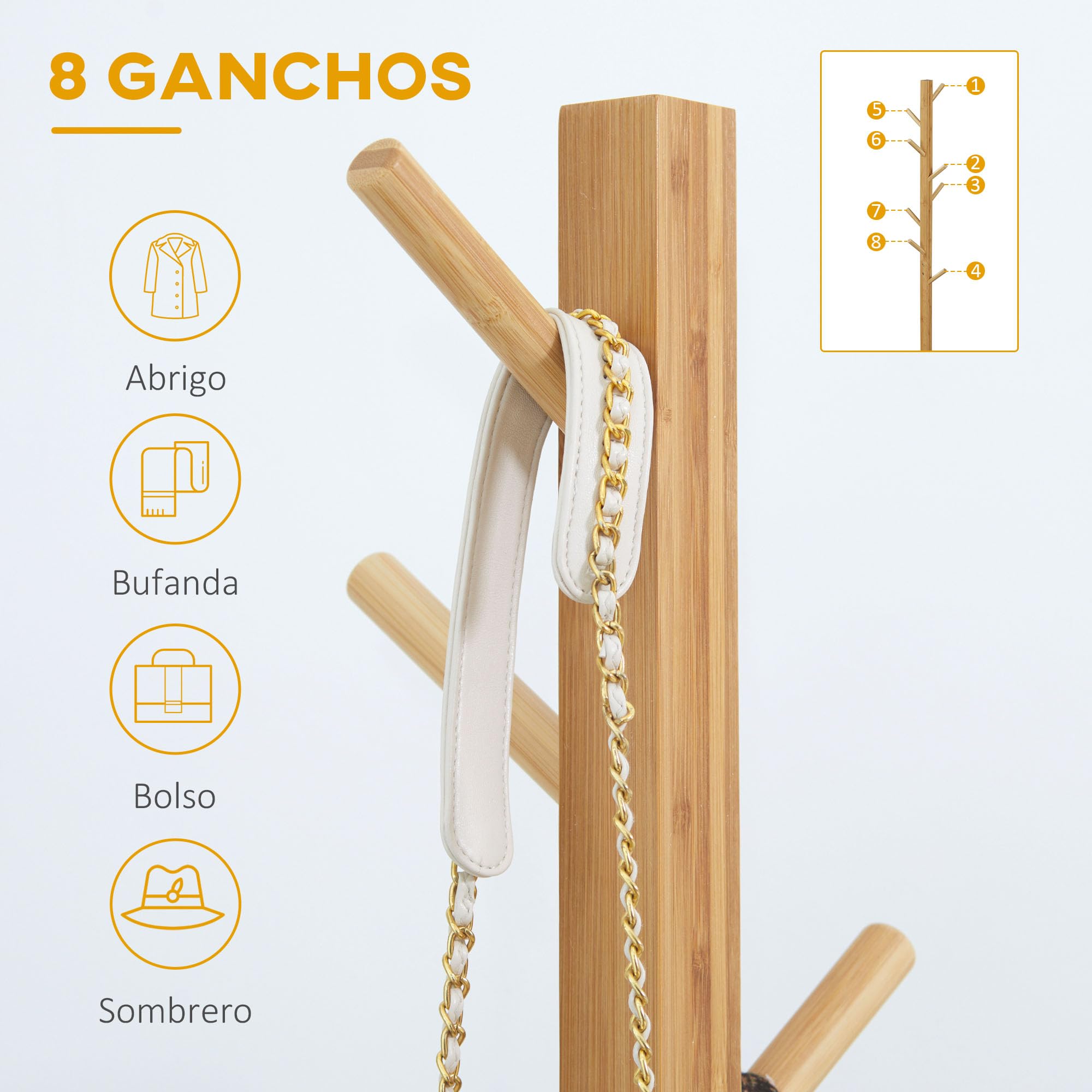 HOMCOM Perchero de Pie de Bambú Madera 8 Ganchos 49,5x49,5x178 cm Natural