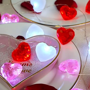 BOHON Valentine Day Decor 10 ft 30 LEDs 3D Heart Lights, Red White Pink