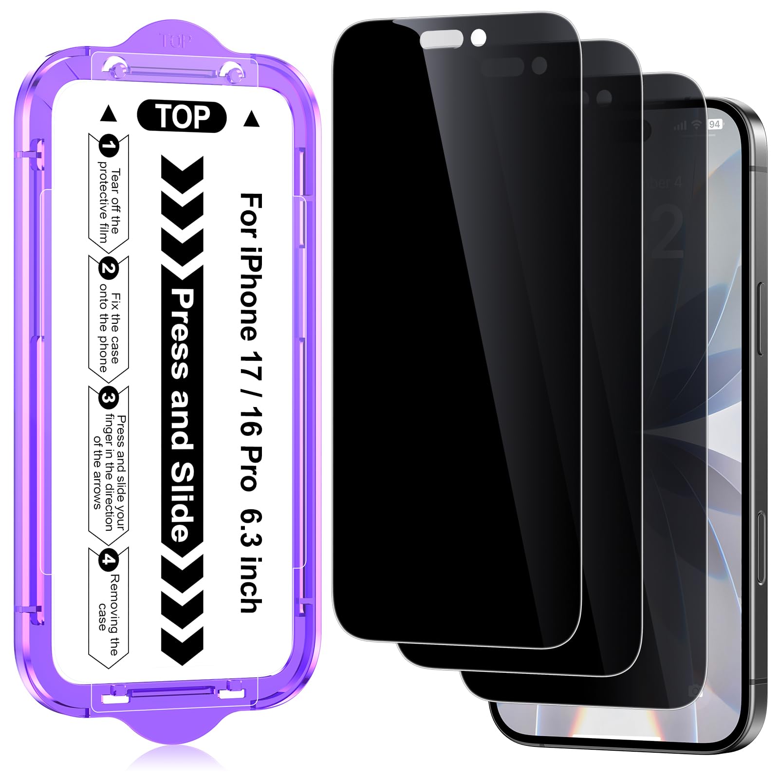 【覗き見防止】 iPhone 17/iPhone16 Pro対応 ガラスフィルム 3枚入り 25°覗き見防止 保護フィルム 自動位置決め ガイド枠付き 貼りやすい 自動吸着 気泡防止 9H硬度 指紋防止 飛散防止 スクラッチ防止