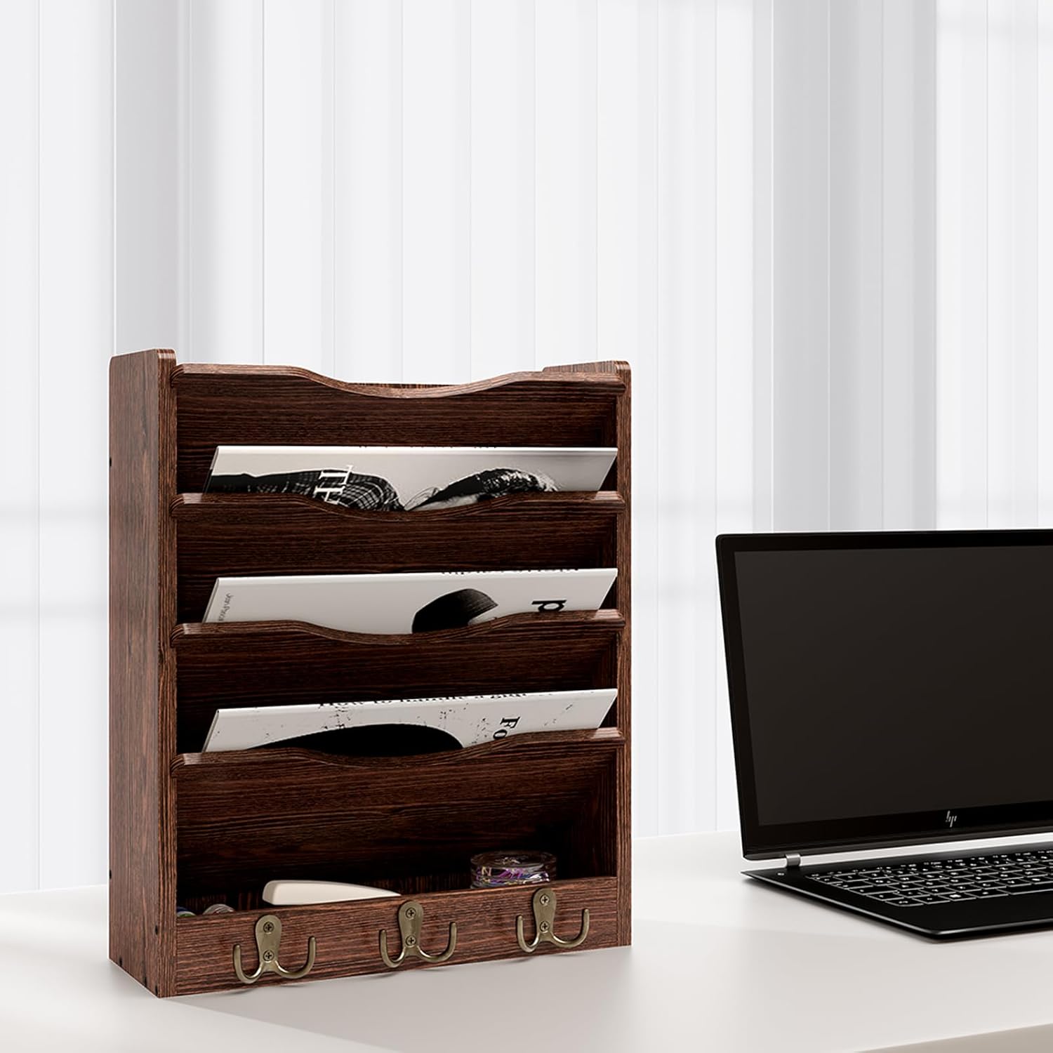 5 Tier Hanging Wall File Holders Letter Size Wall File Organizer Wood Mail Organizer with 6 Hooks, Brown