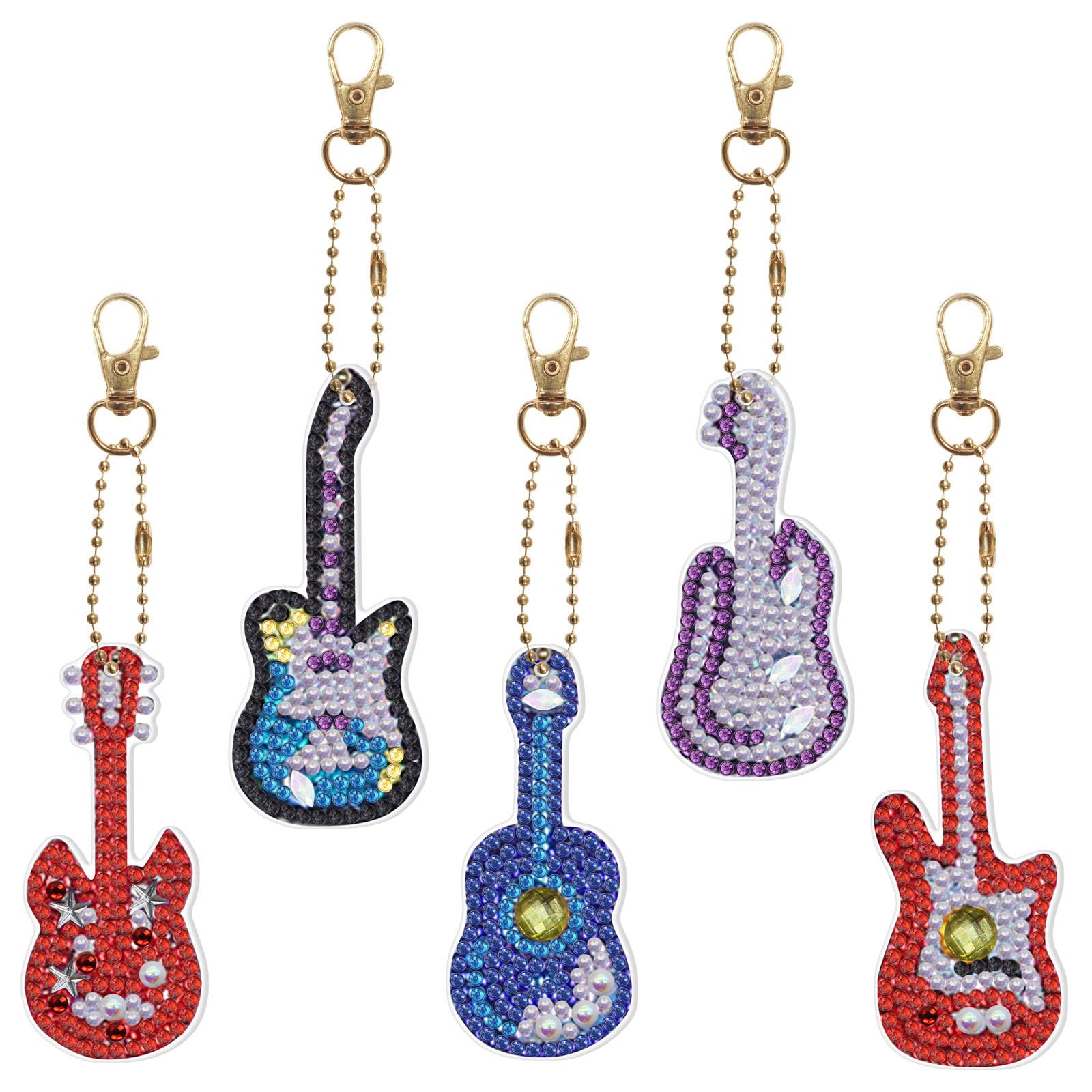 KookuLEE 5Pcs DIY Diamond Painting Keychain,Cartoon Guitar Diamond Art Craft Key Rings,Handmade Full Drill Rhinestone Painting Key Chains Crystal Embroidery Cross Stitch Pendant
