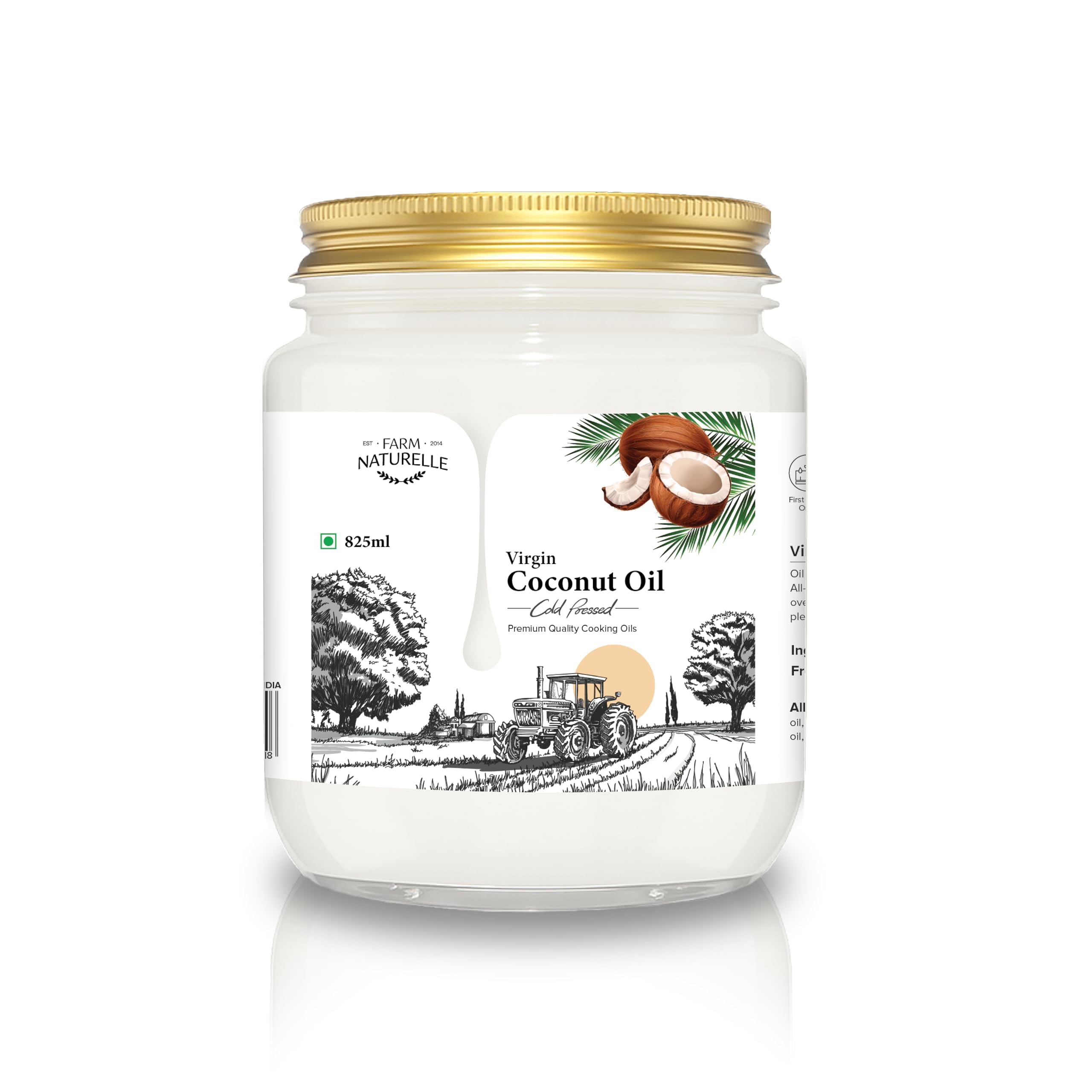 Farm Naturelle Cold Pressed Virgin Coconut Oil 825ml | 100% Pure & Natural | Edible Grade | For Cooking Hair & Skin | No Preservatives | Glass Bottle Packaging