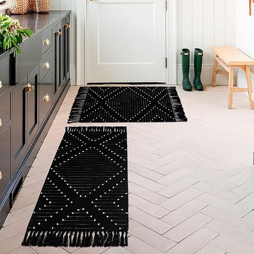 Miniatura 3 de MitoVilla Juego de 2 alfombras de baño bohemias negras de 2 x 3 pies + 2 x 4.3 pies, alfombra de pasillo pequeña con borla para cocina, tejido de