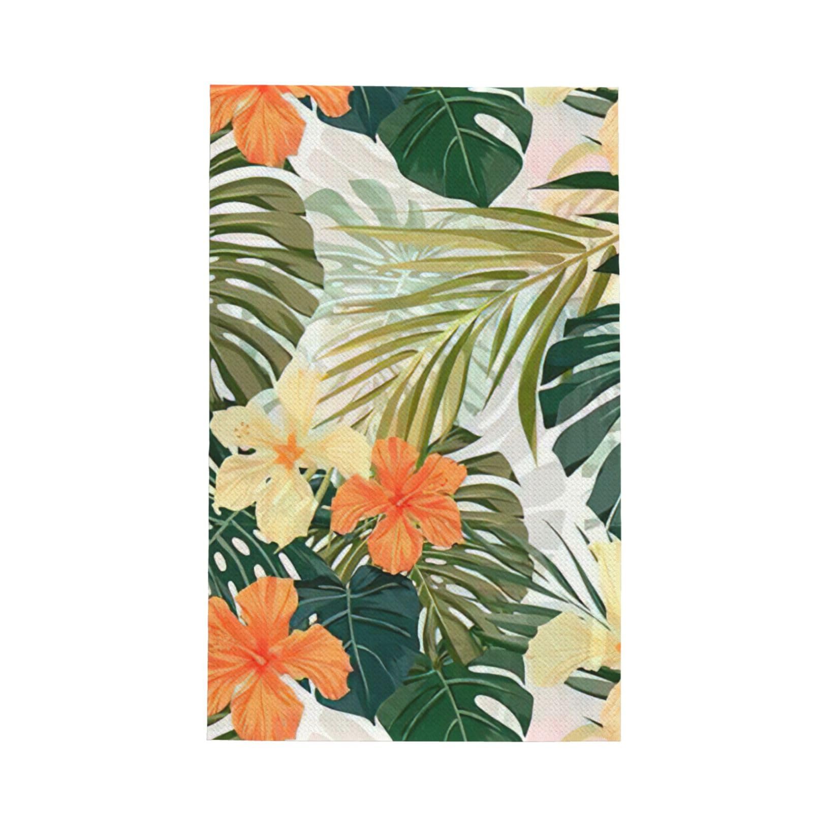 CKGODGF Vegetation Leaves With Hibiscus Flowers Print Absorbent Waffle Dishcloths,Kitchen Towels With Hanging Loops,Tea Towels.