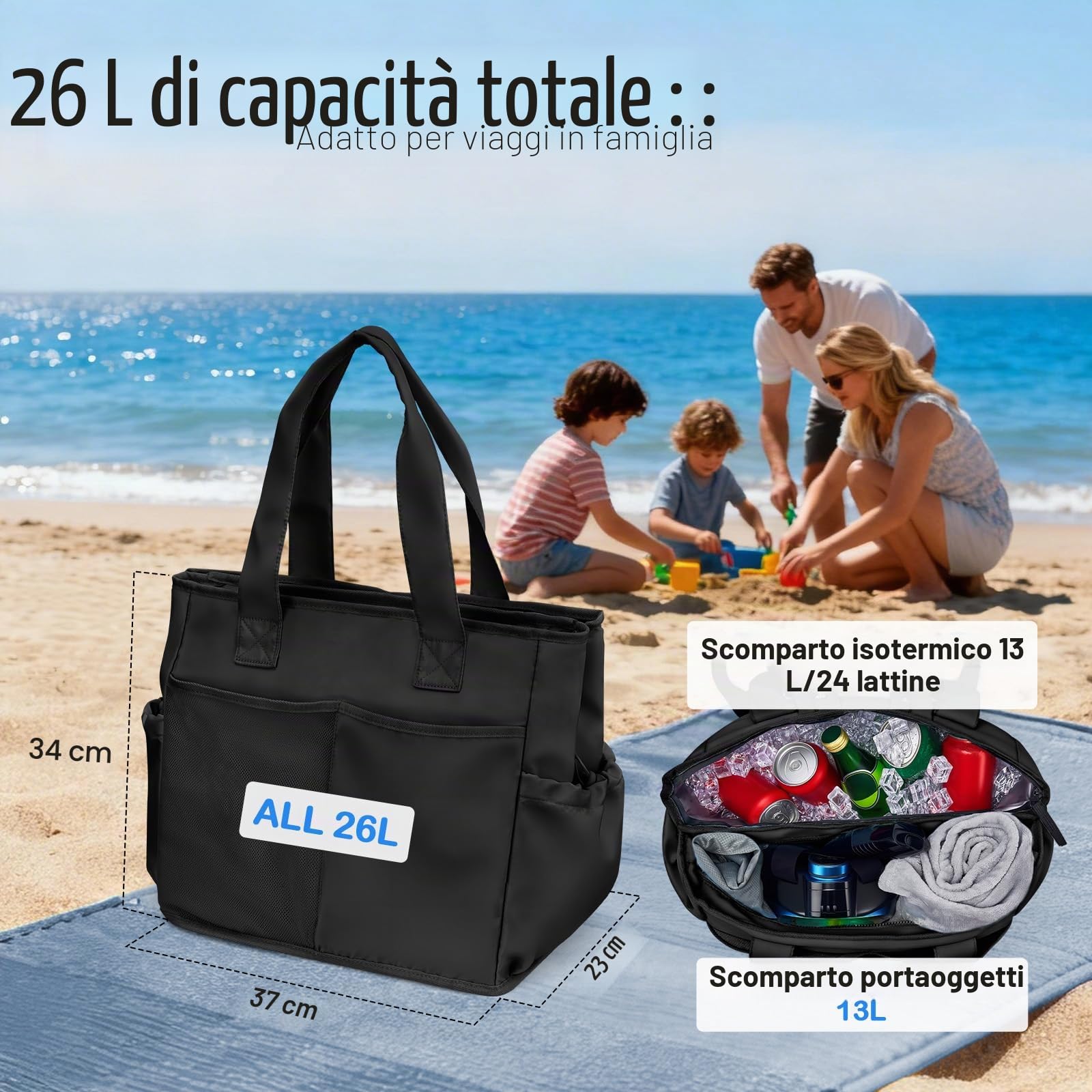 Odoland Borsa Termica Grande da 26L, Borsa da Spiaggia Termica Donna, Borsa Tote con Strato Isolante Termico, Borsa Termica da Spiaggia per Famiglie per Picnic, Spiaggia, Viaggi, Shopping