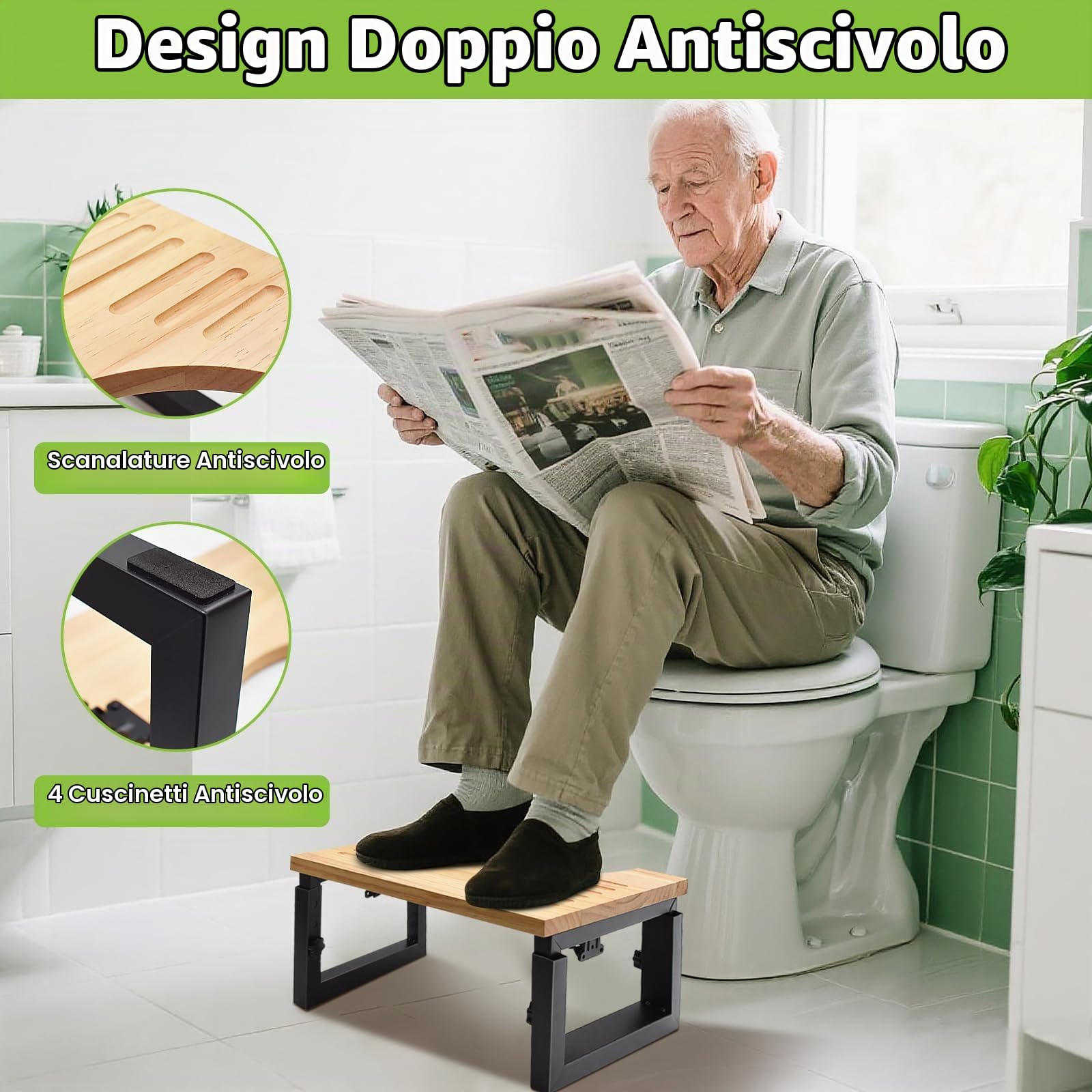 Sgabello WC Pieghevole in Legno, Altezza Regolabile Sgabello Poggiapiedi Bagno con Pad Antiscivolo, Squatty Toilette per Adulti Bambini e Anziani