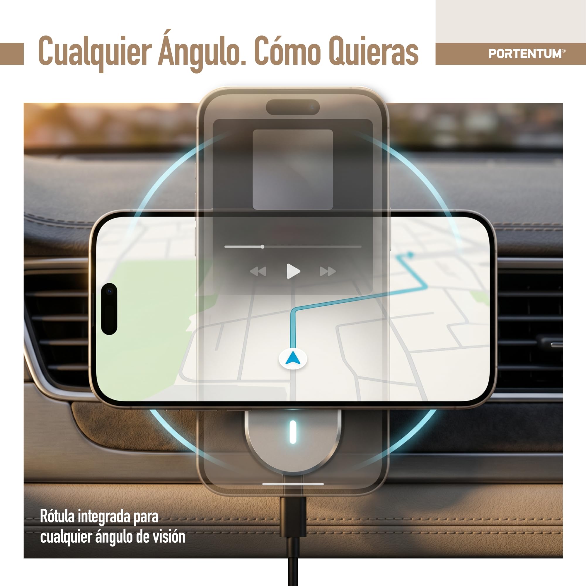 PORTENTUM Cargador inalambrico Coche Qi2.2 25W Certificado en 2026 – Refrigeración Activa – Potentes imanes N52 – Soporte magnetico movil Coche y Cable USB-C 60W – Compatible con MagSafe, iPhone y Qi