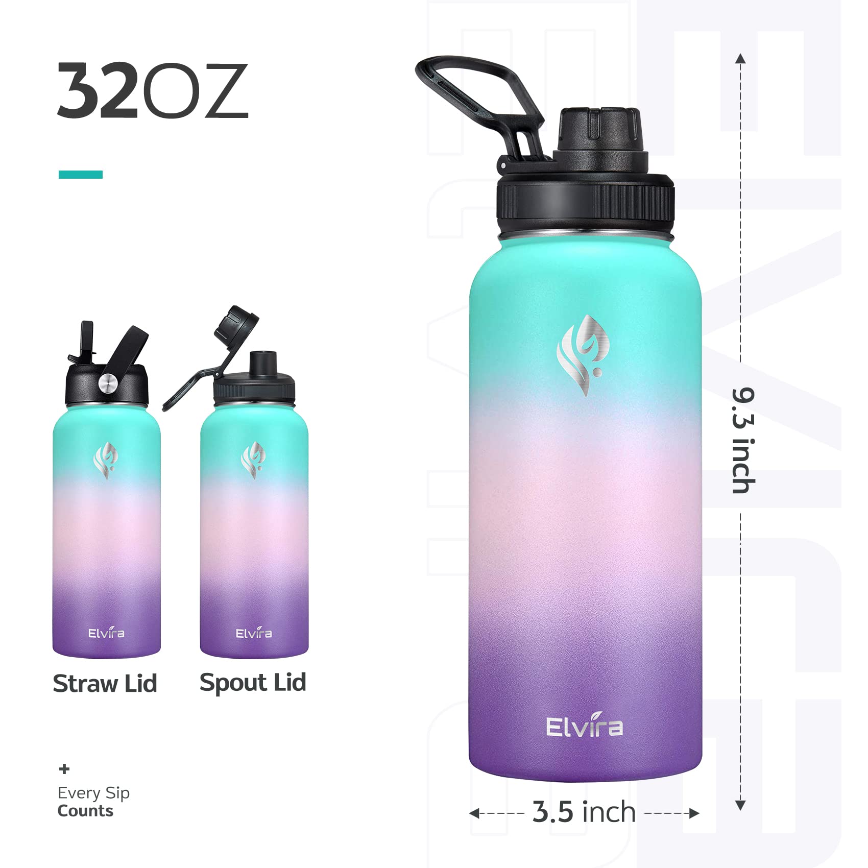 Elvira 32oz Vacuum Insulated Stainless Steel Water Bottle with Straw & Spout Lids, Double Wall Sweat-proof BPA Free to Keep Beverages Cold For 24Hrs or Hot For 12Hrs-Green/Pink/Purple Gradient