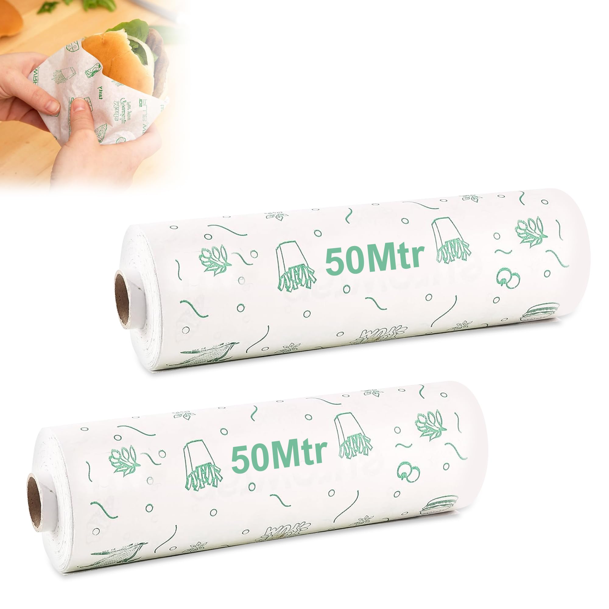 GLUN® Butter Paper Roll for Kitchen Food Wrap 500g – Non-Stick Parchment Paper for Roti Wrapping, Baking, Cooking & Oil Absorption (50mtr Each, Pack of 2)