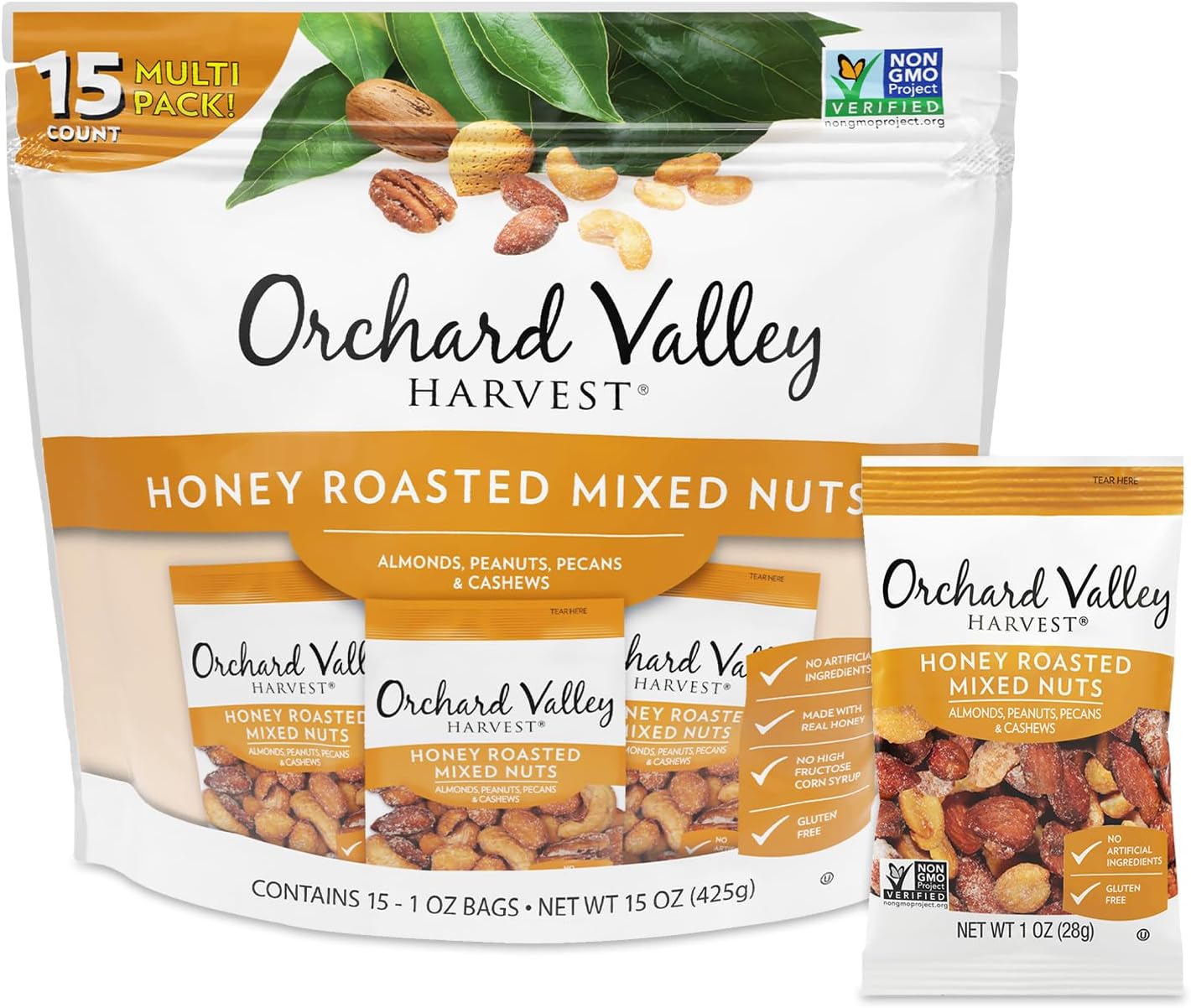 Orchard Valley Harvest Honey Roasted Mixed Nuts, 1 Ounce Bags (Pack of 15), Almonds, Peanuts, Pecans, and Cashews, Gluten Free, Non-GMO, No Artificial Ingredients