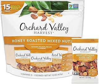 Orchard Valley Harvest Honey Roasted Mixed Nuts, 1 Ounce Bags (Pack of 15), Almonds, Peanuts, Pecans, and Cashews, Gluten Free, Non-GMO, No Artificial Ingredients