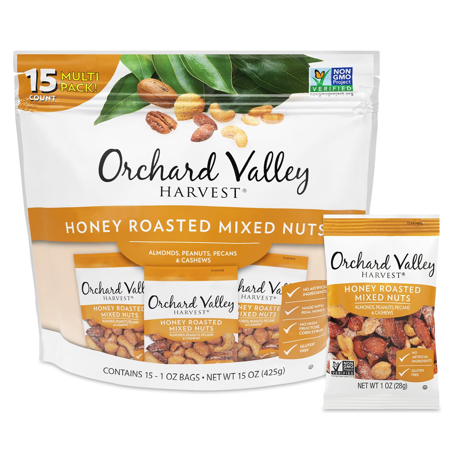 Honey Roasted Mixed Nuts, 1 Ounce Bags (Pack of 15), Almonds, Peanuts, Pecans, and Cashews, Gluten Free, Non-GMO, No Artificial Ingredients