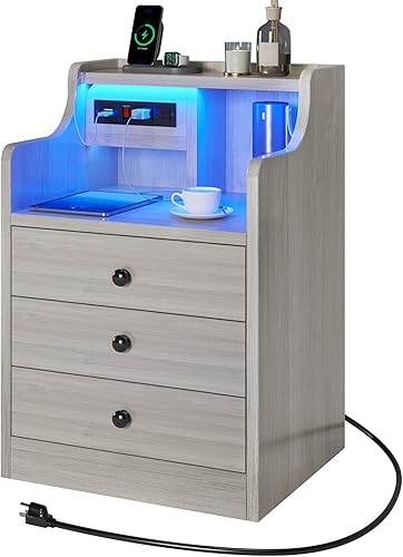 ADORNEVE - Mesita de noche con estación de carga y luces LED, mesita de noche con gabinete, mesita de noche con cajones, mesas auxiliares modernas