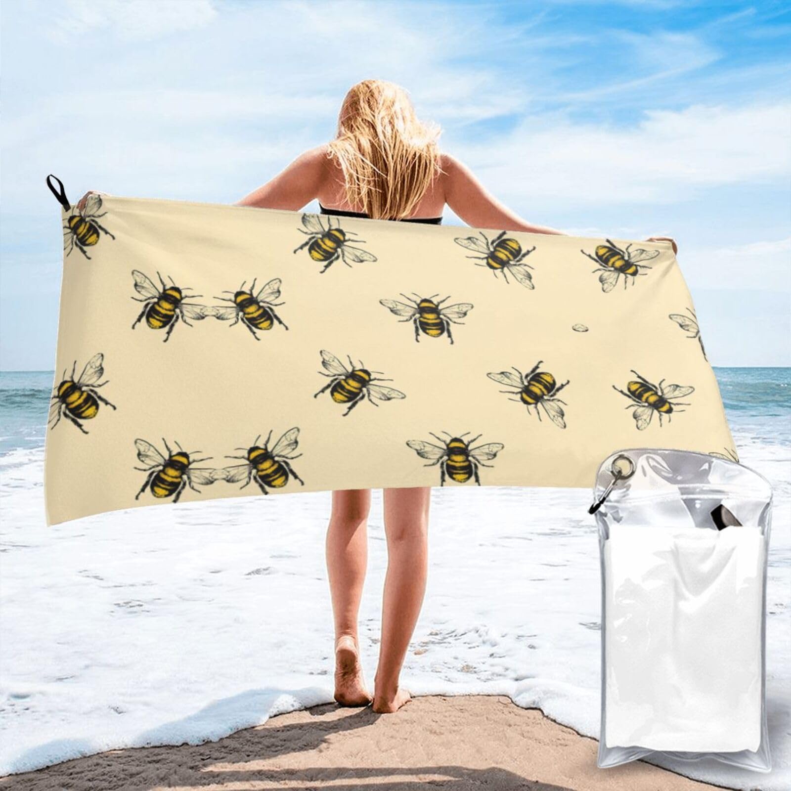 WYCZHY Bee Print Beach Towel Soft Quick Dry For Spa Pool Gym Vacation Travelers Women Men Adults Sauna Gift