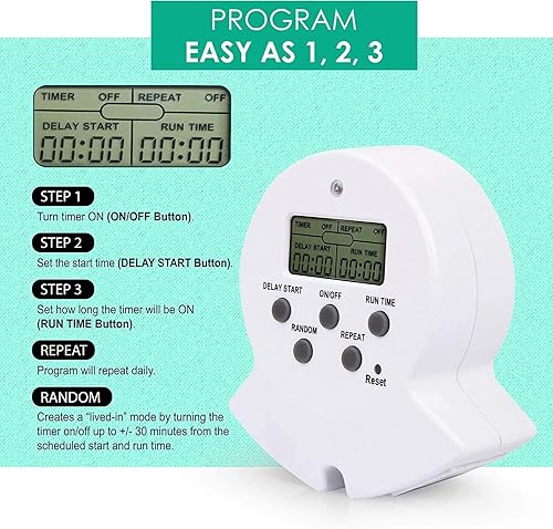 Miniatura 3 de Clear Power Temporizador de interior, temporizador digital EZ de 2 salidas a tierra para abrazadera, luz de crecimiento, acuario, blanco, enchufe a