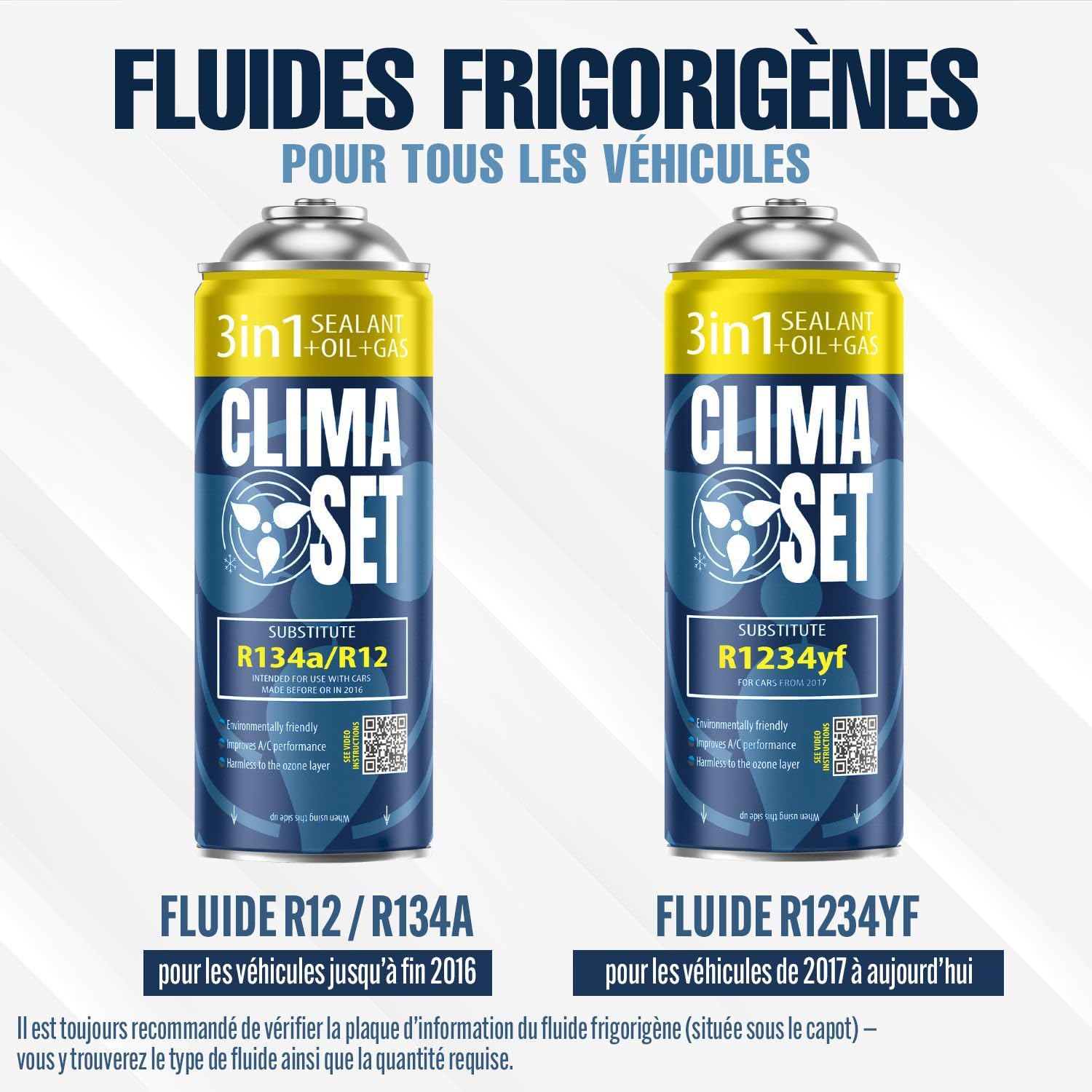 R134 Réfrigérant de Climatisation 3 en 1 avec Produit d'Etanchéité et Huile - pour Climatisation Auto - Réfrigérant pour Climatiseur Auto - 2 Canettes de 170 g ECO