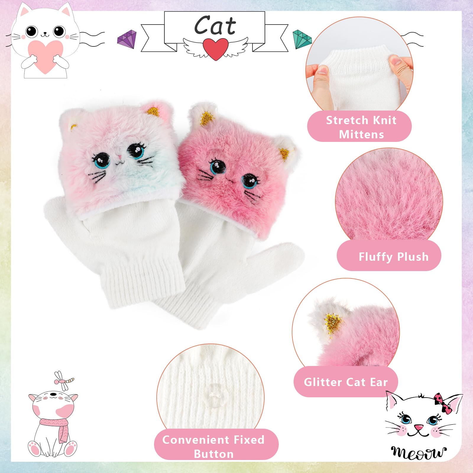 Chat Ensemble Bonnet et Gants Fille, 3PCS Bonnet Chat et Mitaine Enfant Filles de 3 à 10 ans, Bonnet Enfant Hiver Fille et Gants, Ensemble et Mitaines Bonnet Oreille de Chat Accessoires Chaud D'hiver