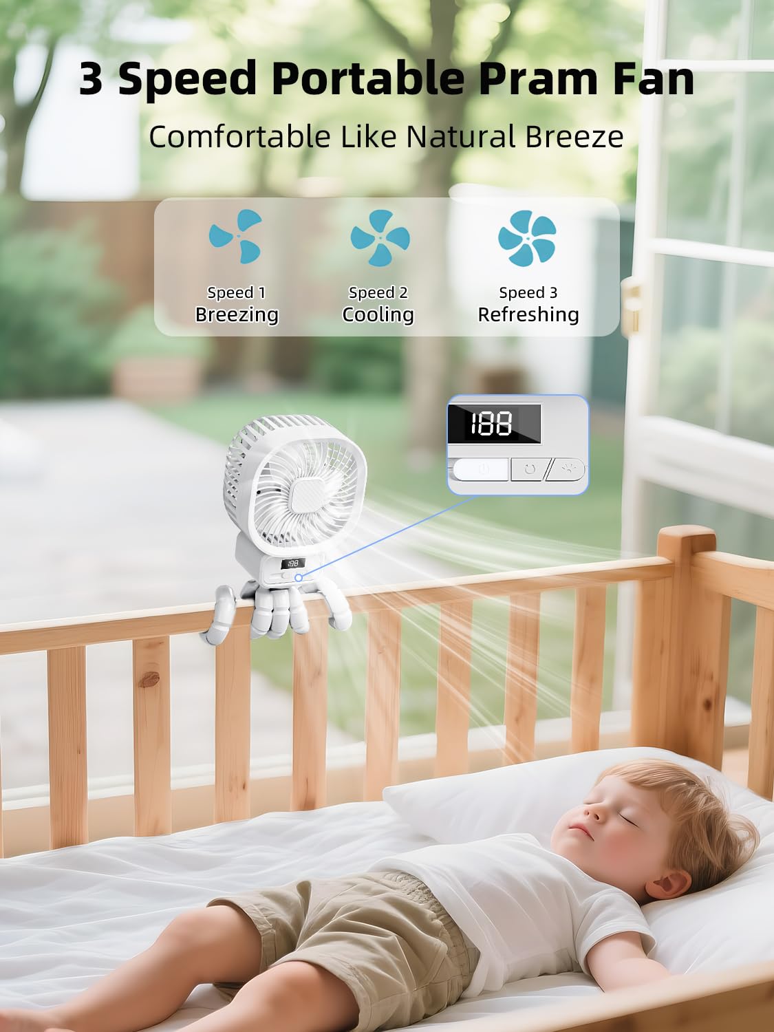 Ventilateur Portable Poussette avec 10000mAh, 3 Vitesses Ventilateur Rechargeable à Rotation 270°, Ventilateur USB Silencieux avec Support Amovible et LED Convient aux Poussette, Lit bébé, Blanc