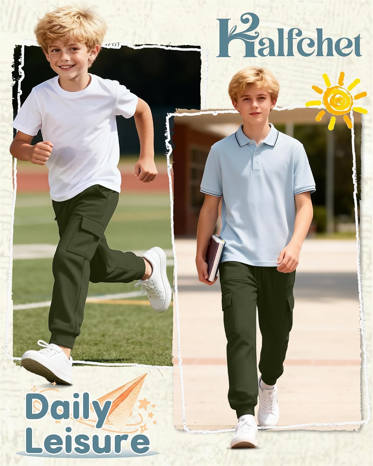 Halfchet Boy's Jogger Cargo Pants Elastic Waist Drawstring Sweatpants with Cargo Pockets School Casual Trousers 5-14 Years