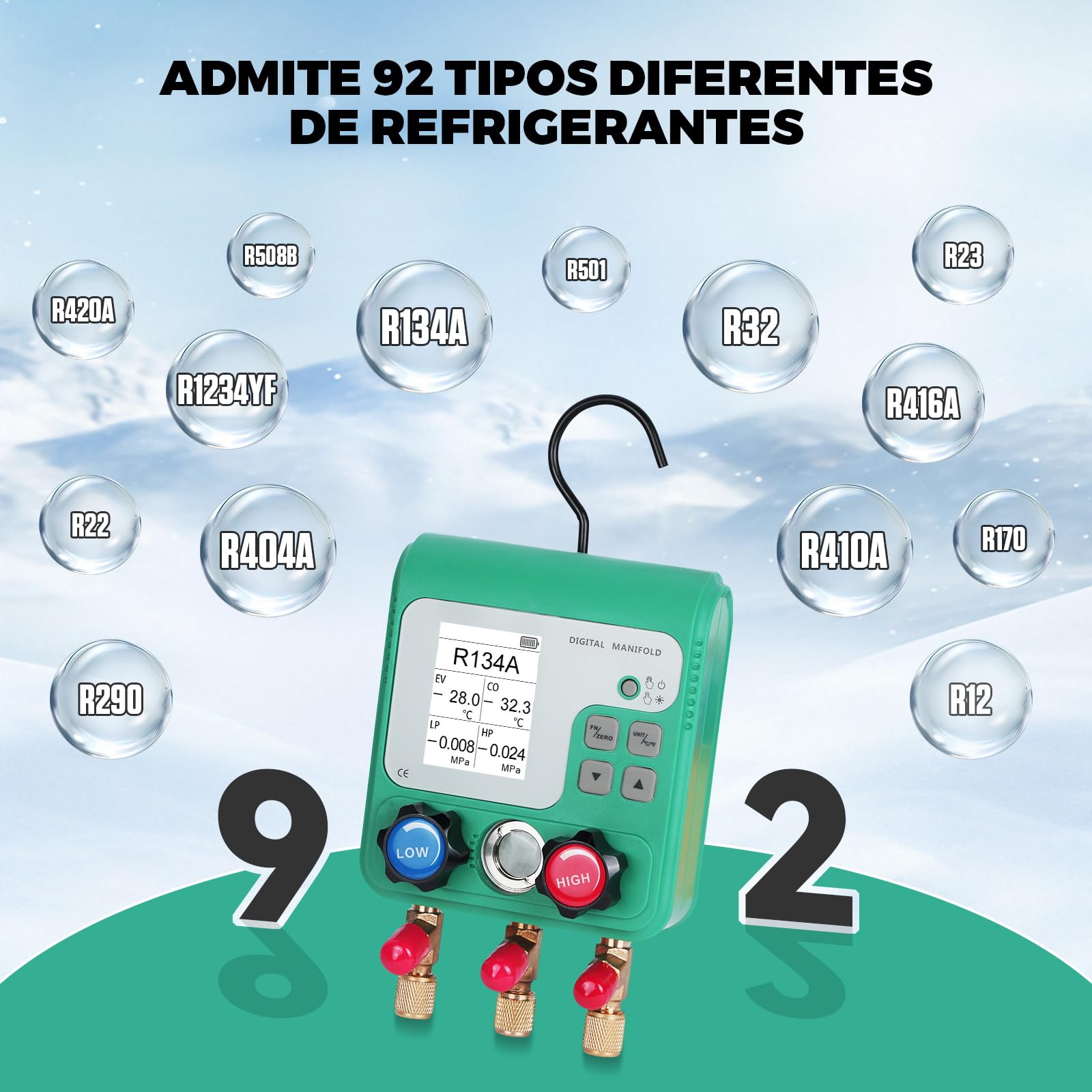 KAISAL Kit de Carga Aire Acondicionado de Coche Digital Manómetro Aire Acondicionado con Pantalla LCD HVAC Manometro para 92 Tipos de Gas Refrigerante r134a R32 R410A R22