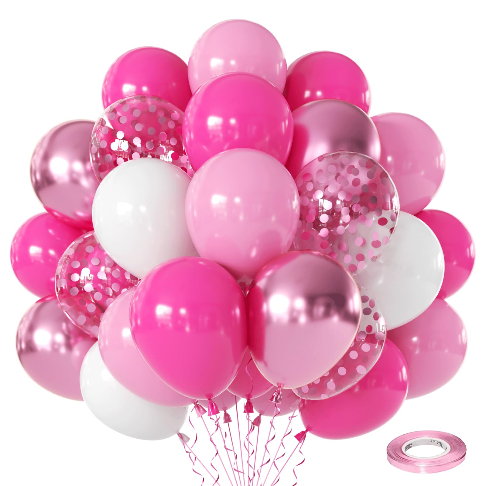 Pink Balloons Set, Hot Pink Balloon Pastel Light Pink Confetti White Latex Balloons and Metallic Pink Balloons 50Pcs 12inch for Girl’s Women’s Birthday Party Baby Shower Gender Reveal Bridal Shower