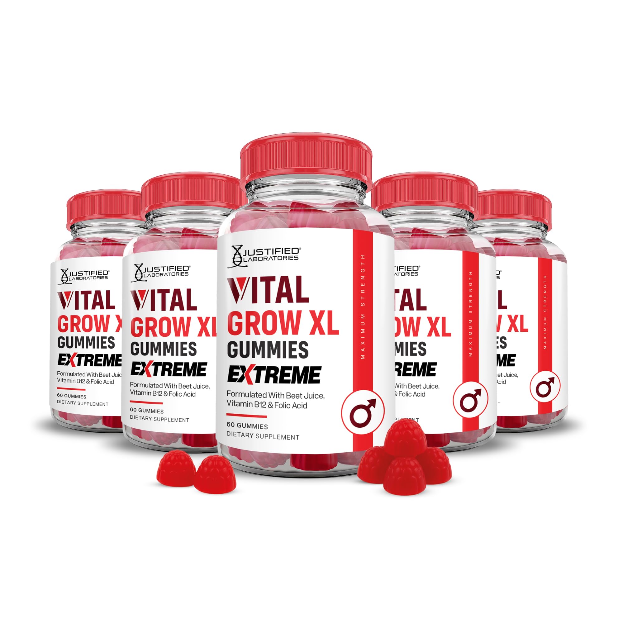Justified Laboratories Vital Grow XL Gummies Extreme (2000 mg) - 60 Count, Pack of 5 - Made with the Mother & Vitamin B12 - Non-GMO, Vegan, Gluten Free - 150 Servings 60 Count (Pack of 5)