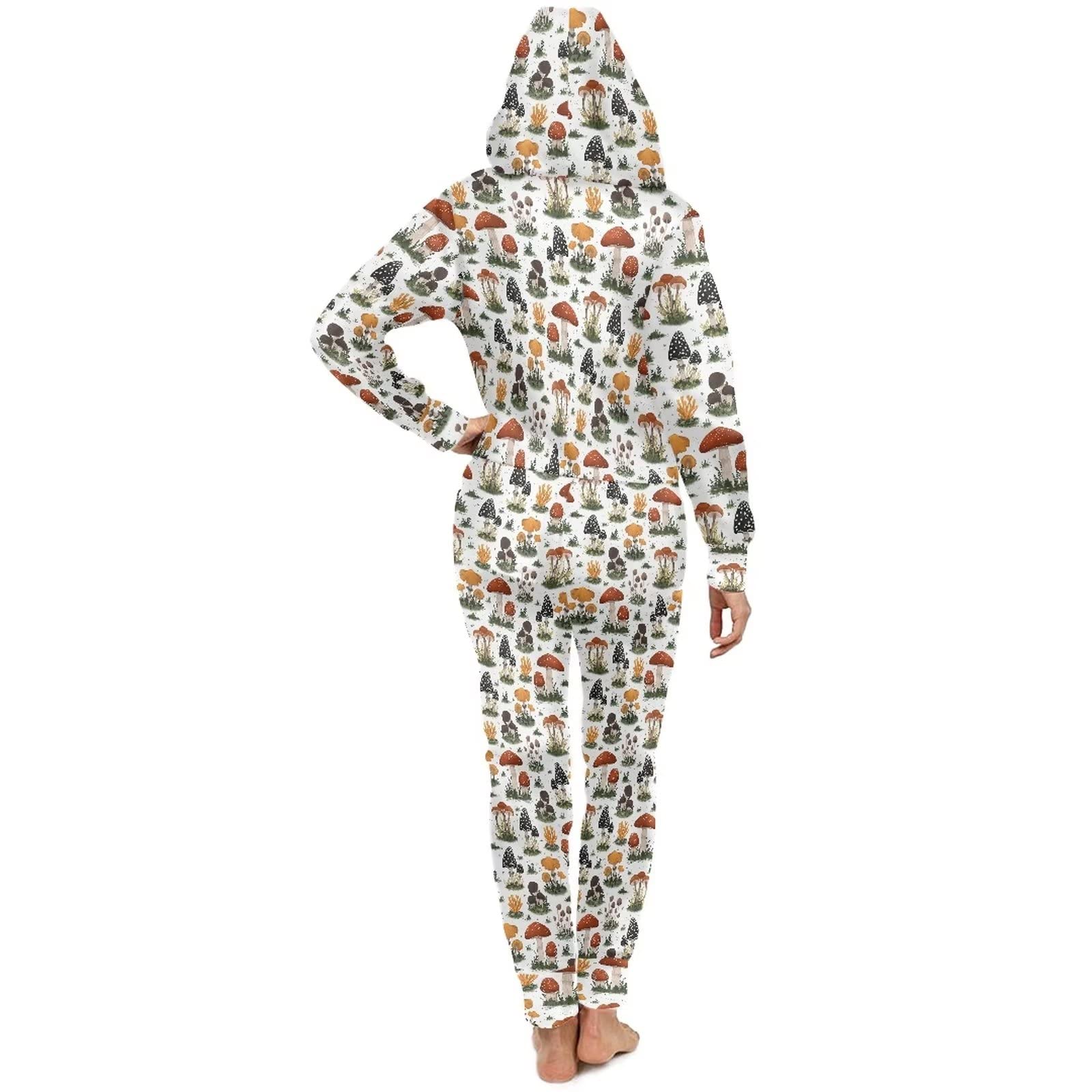 POLERO Pijamas Enteros de una pieza de vaca con cremallera para mujeres y hombres, ropa de dormir con bolsillo y cordón con capucha, Setas, S