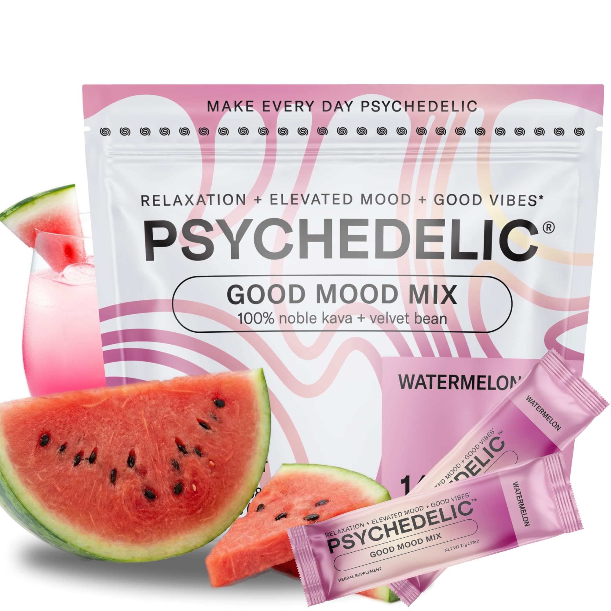 Psychedelic Water Good Mood Mix - Watermelon - Powder Packets - Calming Kava Drink Mix - Easy Open Single-Serving - Flavored Kava Powder - Mucuna Pruriens - Stevia - Adaptogen Drink Mix - 14 Stick