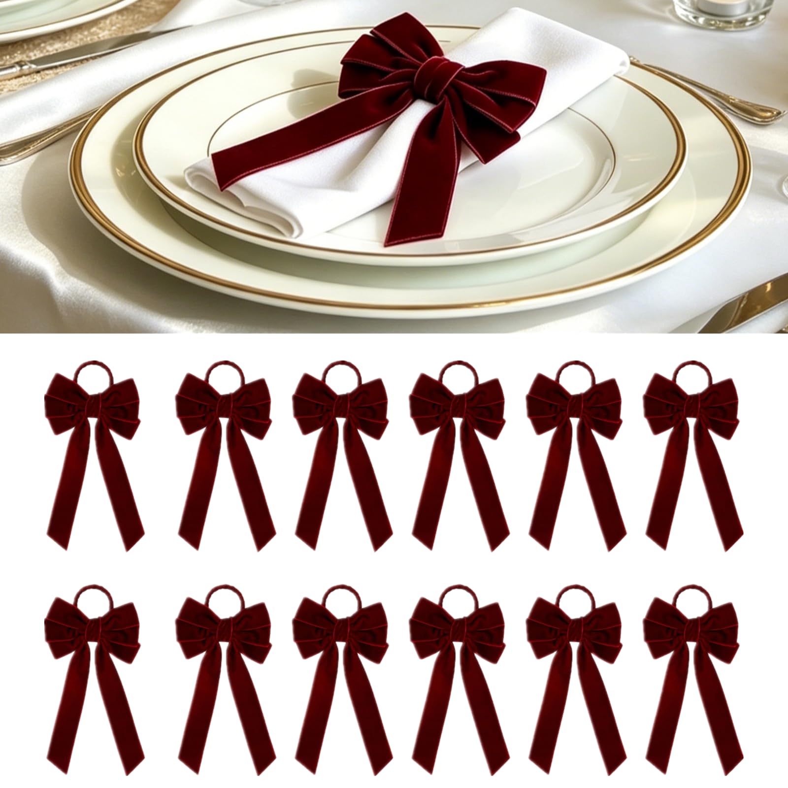 12Pcs Velvet Bow Napkin Rings Set Elegant Bowknot Napkin Holders Decorative Table Rings for Wedding, Christmas, Party (Burgundy, 8.5cm/3.35inches)