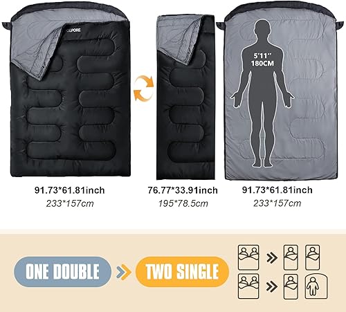Miniatura 3 de Saco de dormir doble de franela para adultos con 2 almohadas, sacos de dormir para 2 personas, camping, XXL, tamaño Queen, saco de dormir para dos
