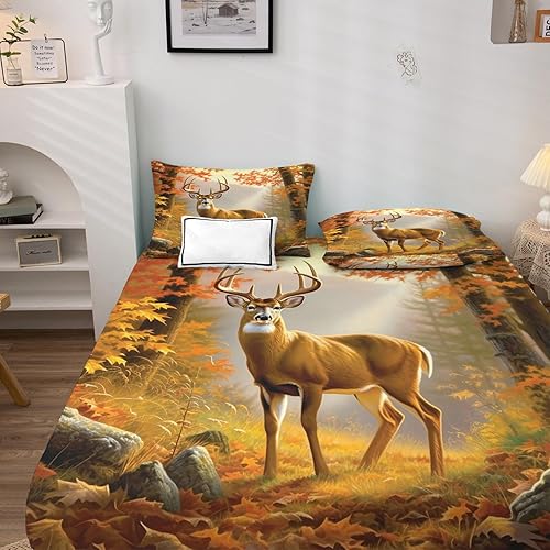 Miniatura 3 de Sábanas de ciervo tamaño Queen  Sábanas de cama de animales del bosque otoñal, microfibra suave, bolsillo profundo, sábanas y fundas de almohada