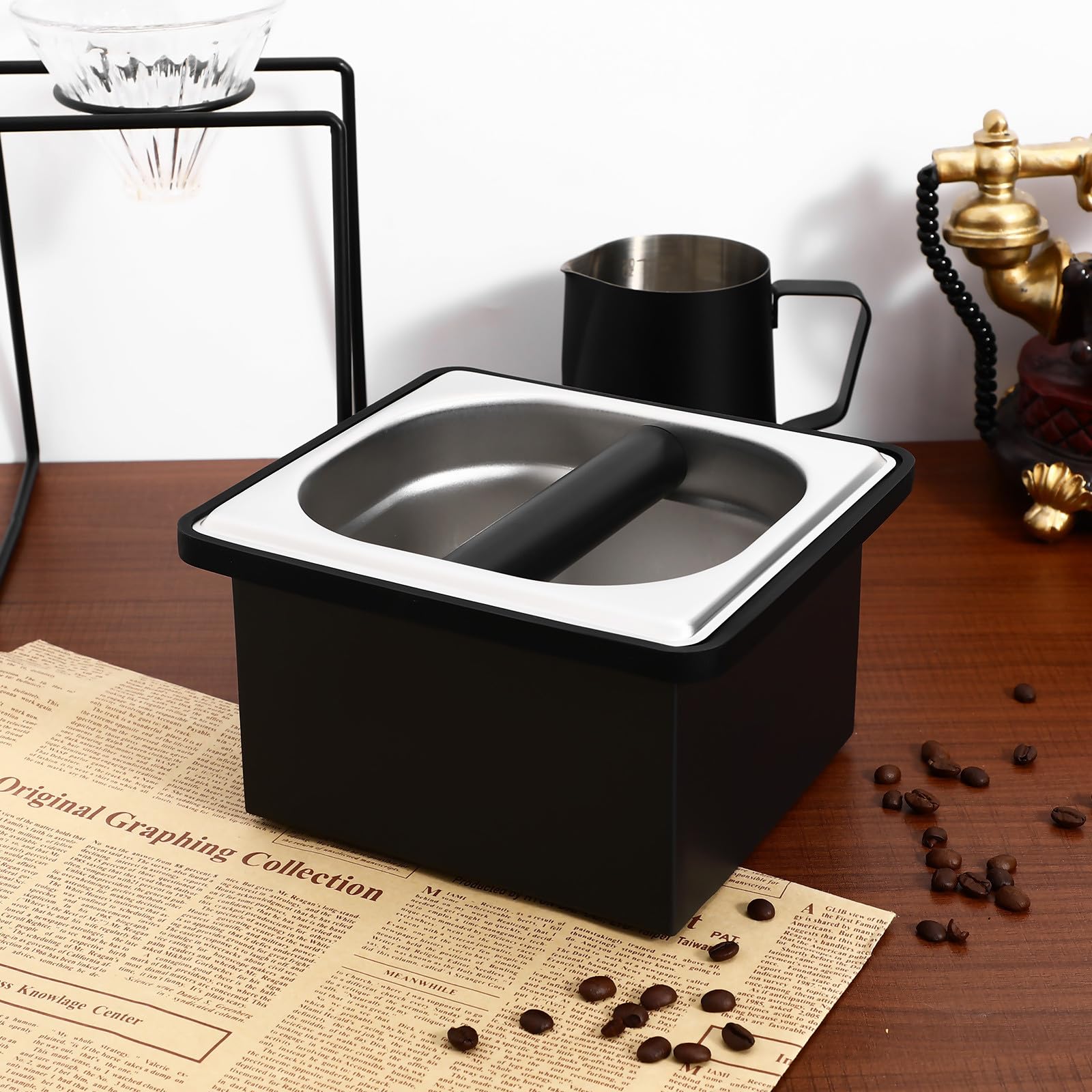 GALPADA Espresso Klopfbox aus Edelstahl mit Rutschfester Basis und Abnehmbarem Design Großer Fassungsvermögen für Kaffeezubehör in Moderner Schwarzer Optik