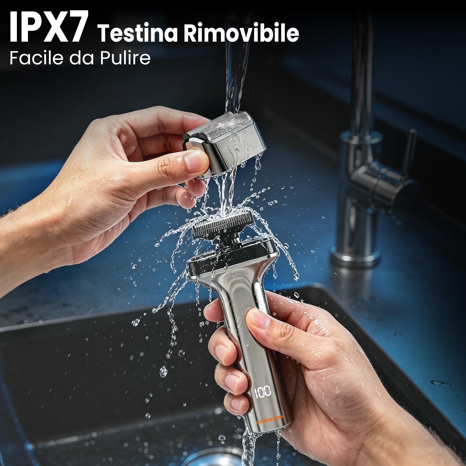MAXGROOM Rasoio Elettrico Barba, rasoio elettrico a pelle a 3 testine flottanti, Shaver barba IPX7 testina rimovibile, 70 minuti di autonomia, 132 g leggero e portatile, USB-C e LED