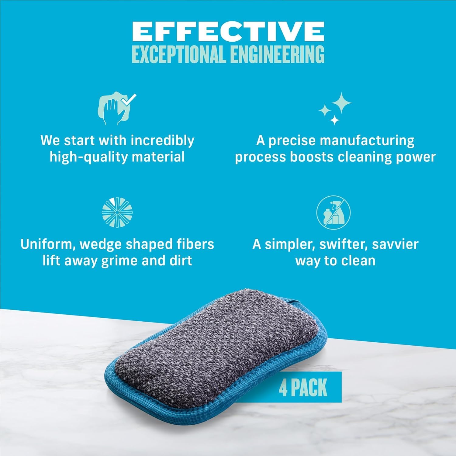 E-Cloth 4-pak podkładka do mycia naczyń, nierysująca się gąbka do mycia naczyń, skutecznie czyści naczynia, zlew i blat, nadaje się do prania i wielokrotnego użytku, obietnica 100 mycia, niebieska