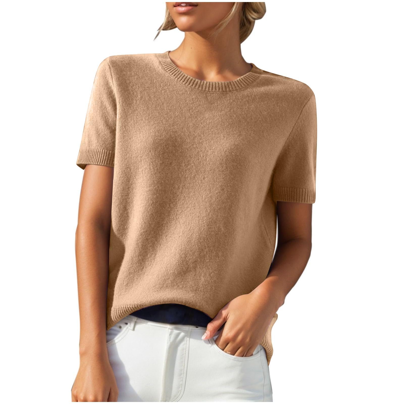 KHIRVWL Kurzarm Pullover Damen, Mode Rundhalsausschnitt Strickshirt Elegant Leicht Kurzarm Pullover Frühling und Sommer Einfarbiges Gestricktes Freizeittop Oberteil Elegant Sommer Damen Tshirt