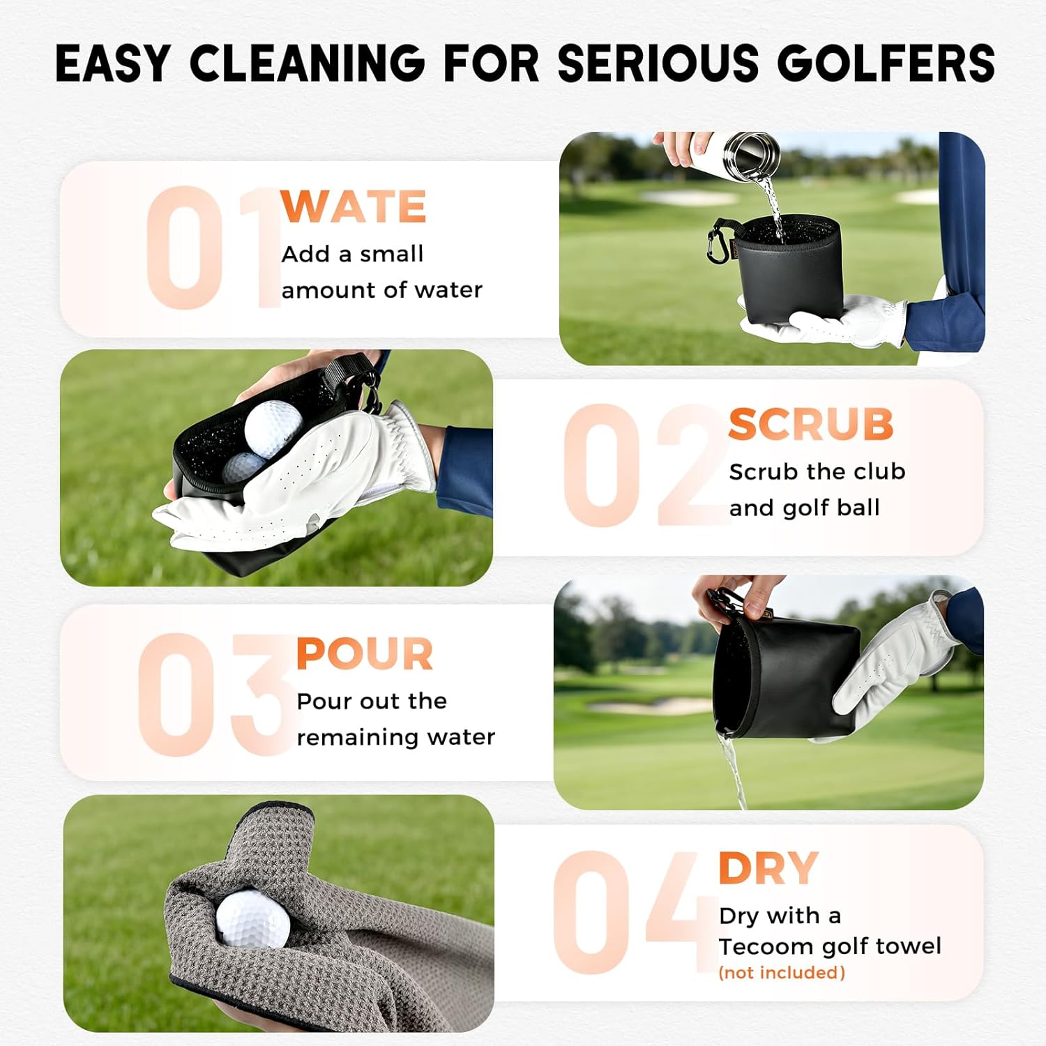 Teccom Golf Club and Ball Cleaning Bag, Golf Cleaner Pouch with Three-Layer Waterproof Fabric Technology, Microfiber Layer, Neoprene, PU Leather Exterior, Detachable Clip, Golfer Gift