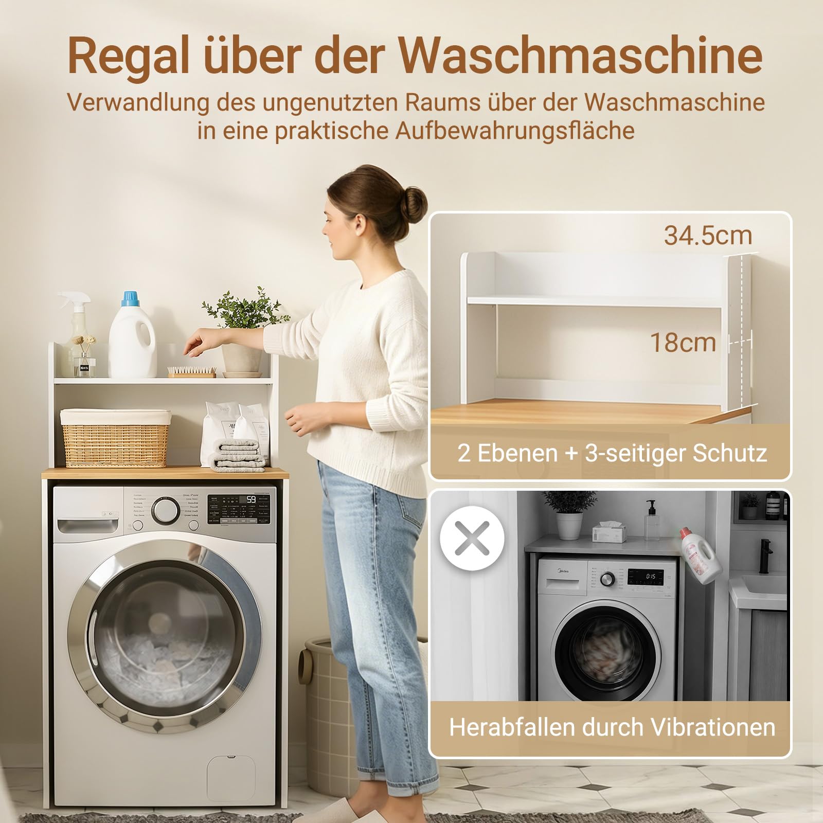 SoBuy Waschmaschinenschrank mit Fallschutz 66x60x127cm für Waschküche & Bad | Waschmaschinenregal Überbau, Badezimmerschrank mit Ablage, Trocknerschrank Stabil, Weiß Natur BZR224-WN
