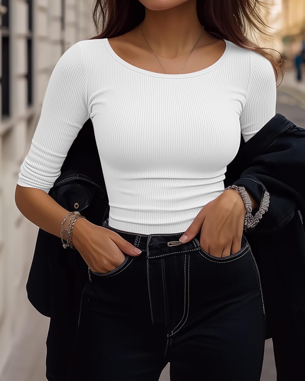 Huukeay 3 Pack Women's Ribbed 3/4 Sleeve Shirts, Scoop Neck Slim Fit Tops Summer Stretchy Casual Base Layer Basic Tee Blouses - Image 3