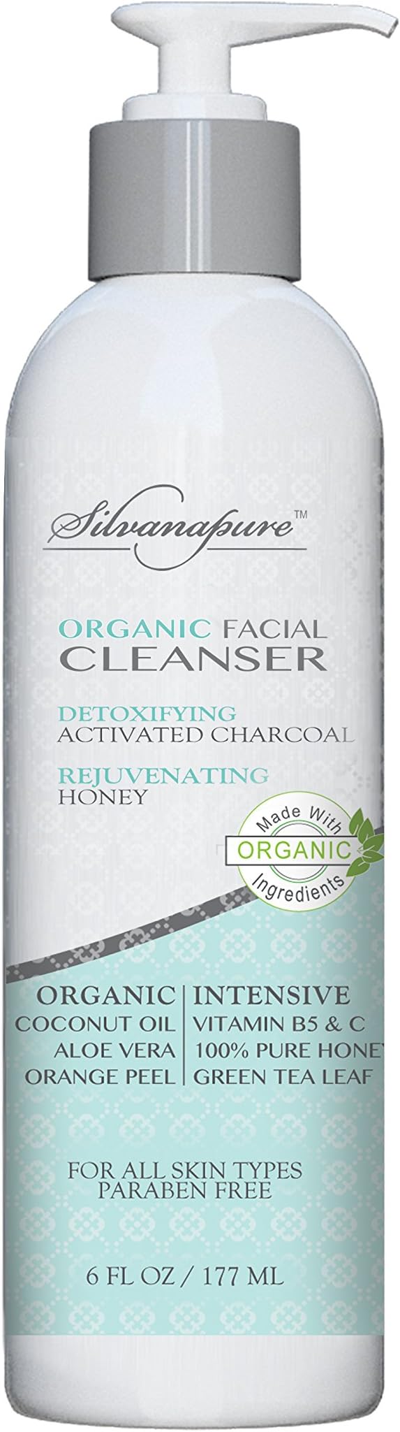 Daily Facial Cleanser | Best Organic Natural Foaming Face Wash for Dry Oily Sensitive Skin With Activated Charcoal Green Tea Vitamic C | Effective Acne Anti Aging Treatment by Silvanapure, 6 Oz