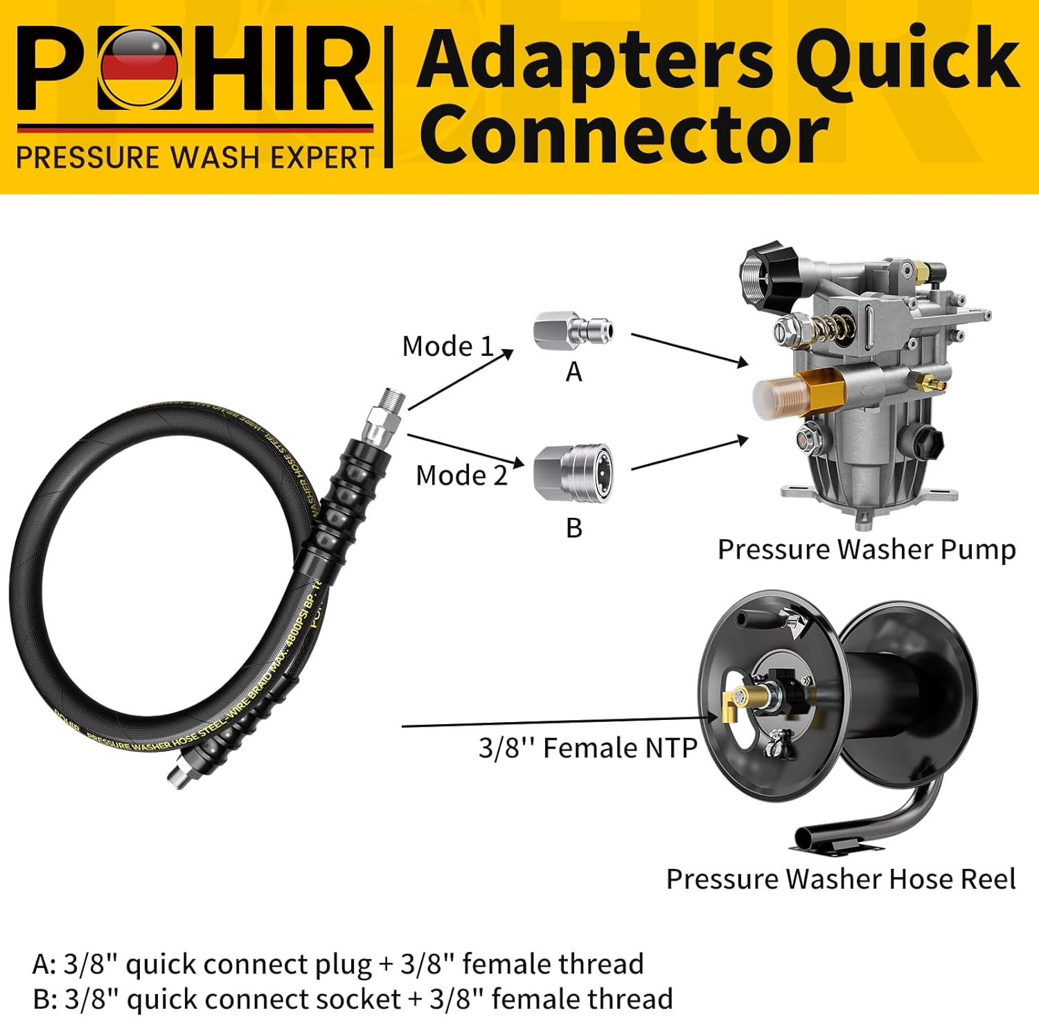 3FT Pressure Washer Whip Hose 4800psi 3/8'' Steel Wire Braided with 3/8'' Quick Connect Plug, Reel Connector Jumper Hose for Pressure Washing