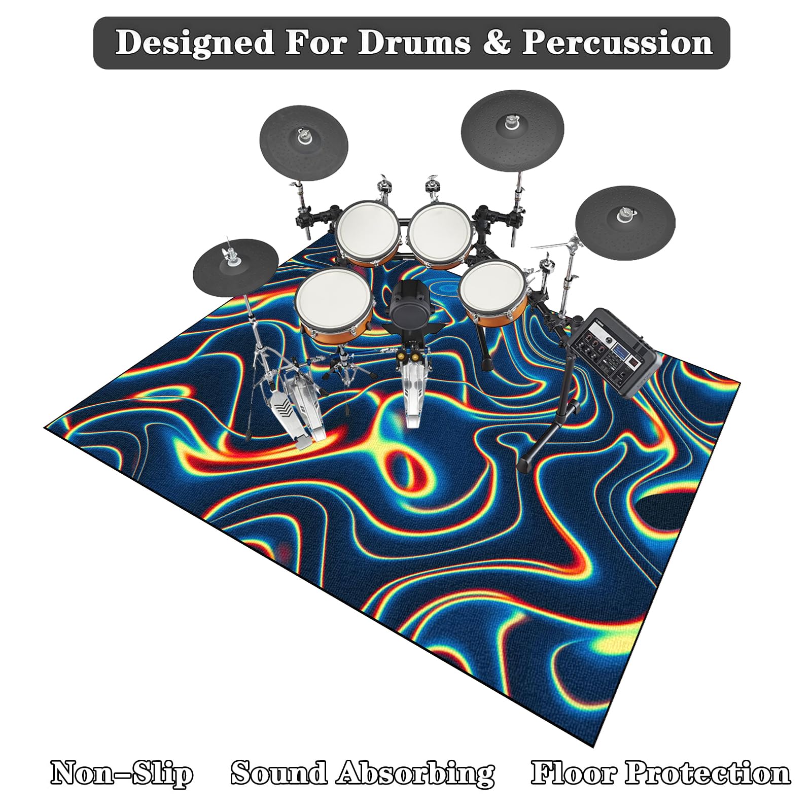 Drum Teppich Schallschutz Schlagzeugteppich Music Carpet Innen und Außen Trommelteppich mit Rutschfester Unterseite für Akustik Elektrisches Schlagzeug Teppich für Studio Wohnung 210 x 180 cm