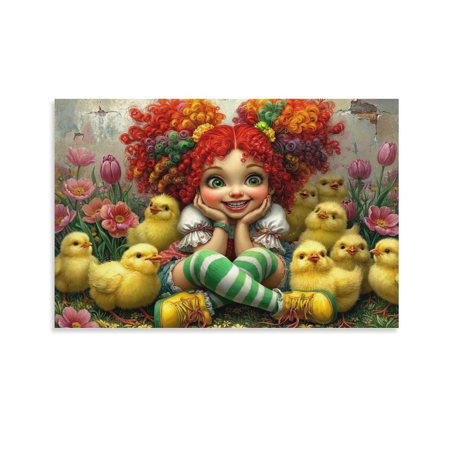 CPLVKWRQJ Cute Girl with Chicks Individual Red Haired Girl Fluffy Chicks Canvas Print - Bedroom Canvas Painting Easy to Clean Statement Piece Decor 20x30inch(50x75cm)