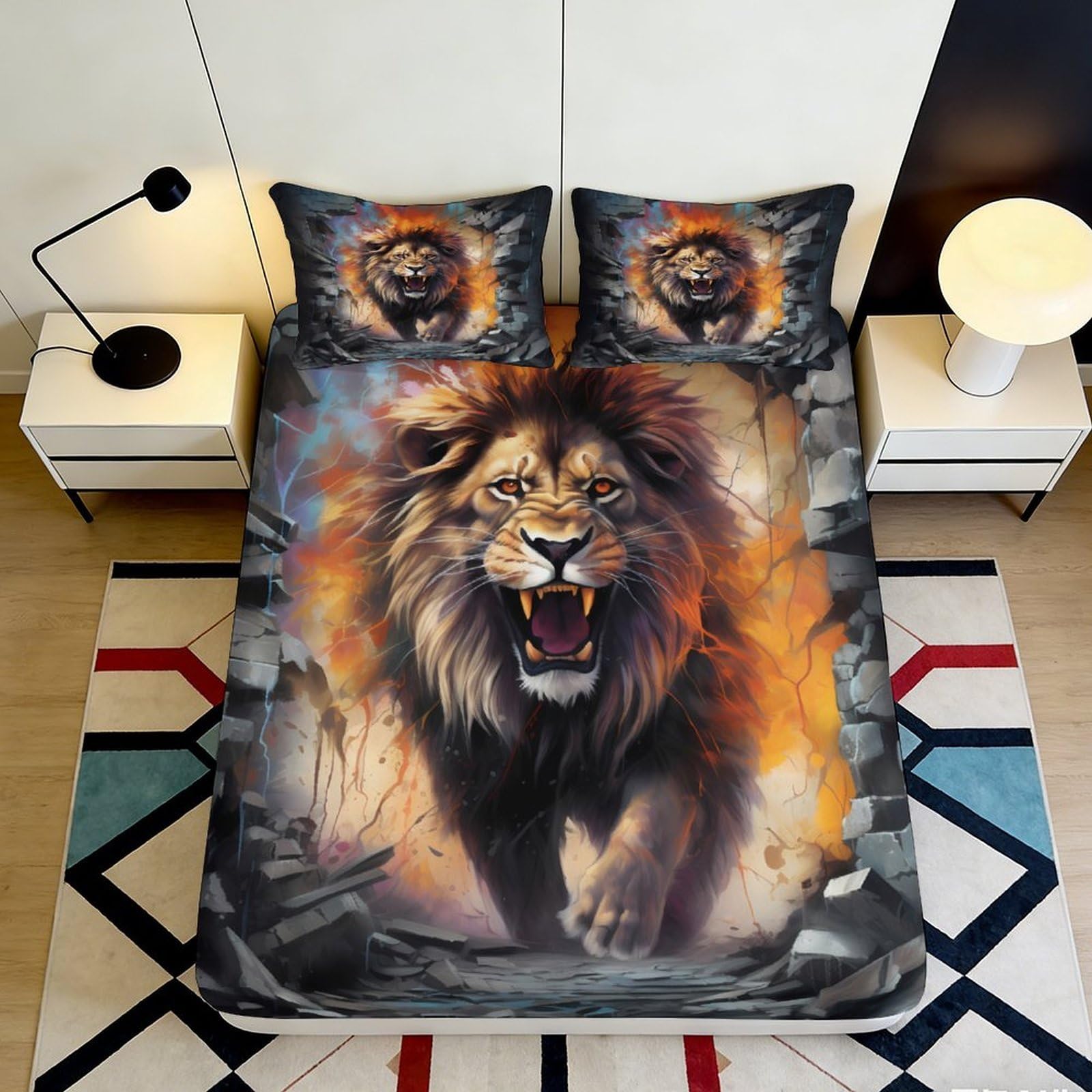 Pnayamiorkfel Style-10 3D Printed Lion Fire Fitted Sheet Microfiber Soft Anti-Slip Wild Roar Bed Cover For Bedroom Dorm Mattress Decor 90X200x25cm