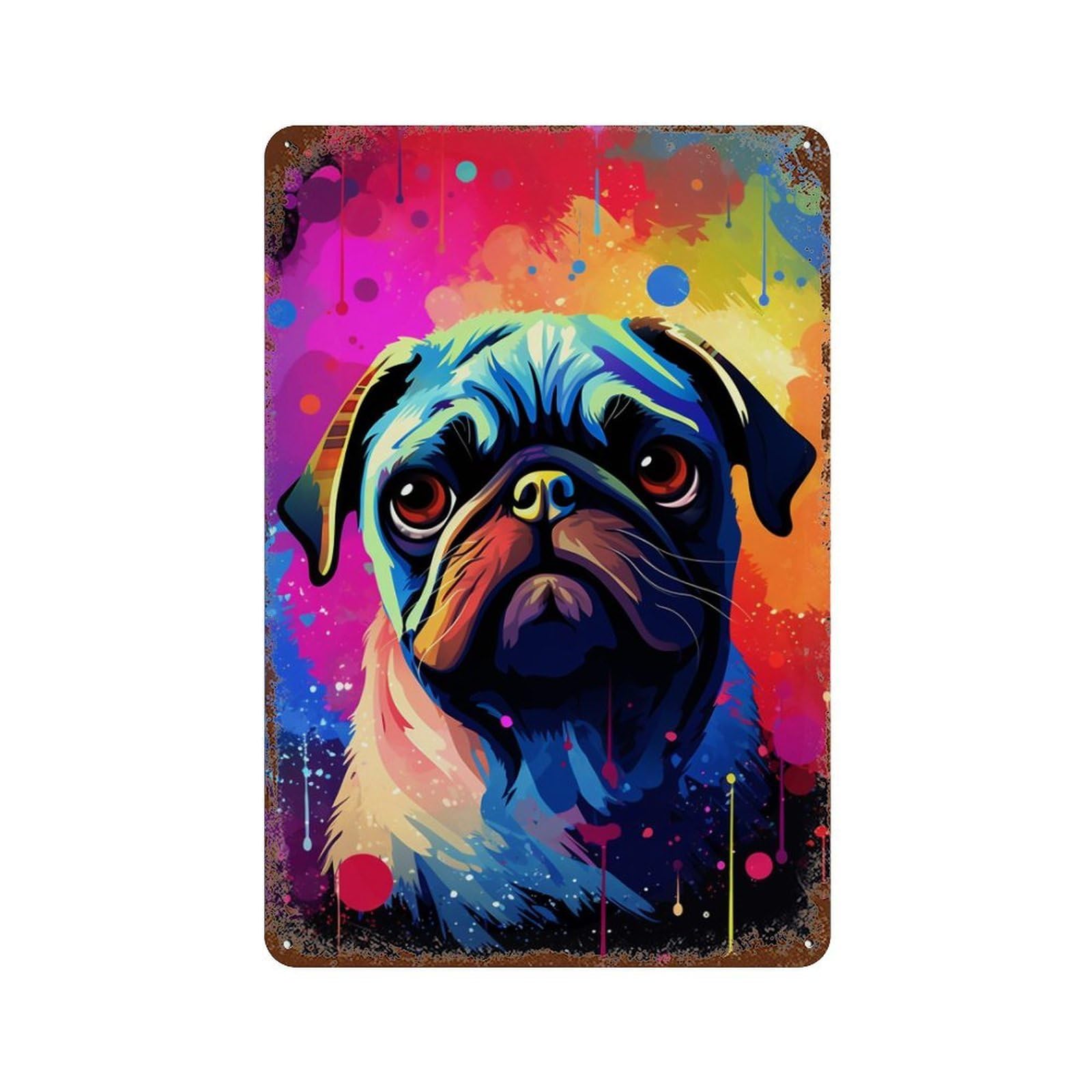 Rust Effect Colorful Pug Art Print-9 Rustic Tin Plaque 11.8"x7.9", Classic Wall Plaque for Shed, Workshop And Garage Wall Decor