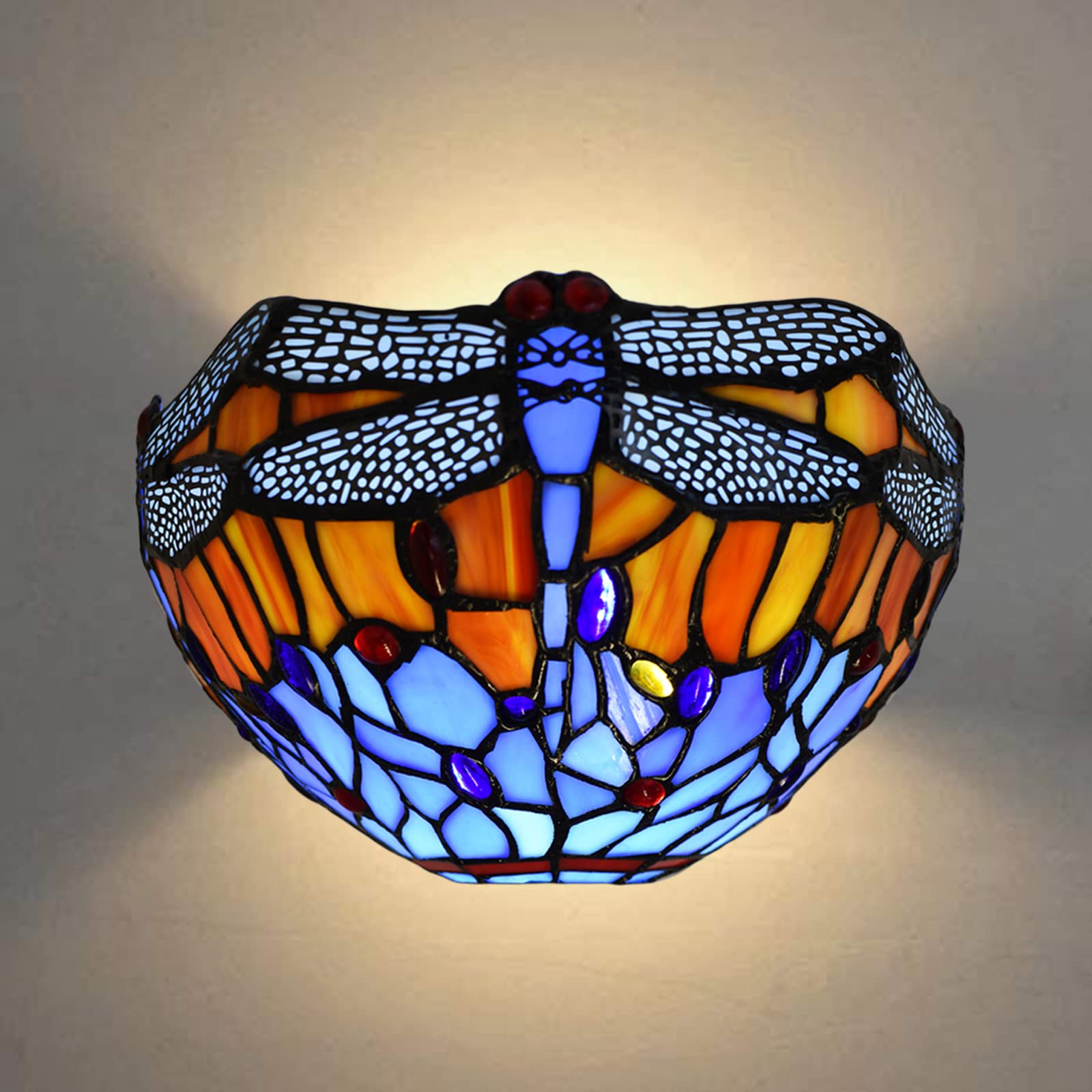 Auroh Multi Tiffany Wall Light 12 Inch Blue & Amber Dragonfly - Stained Glass Sconce