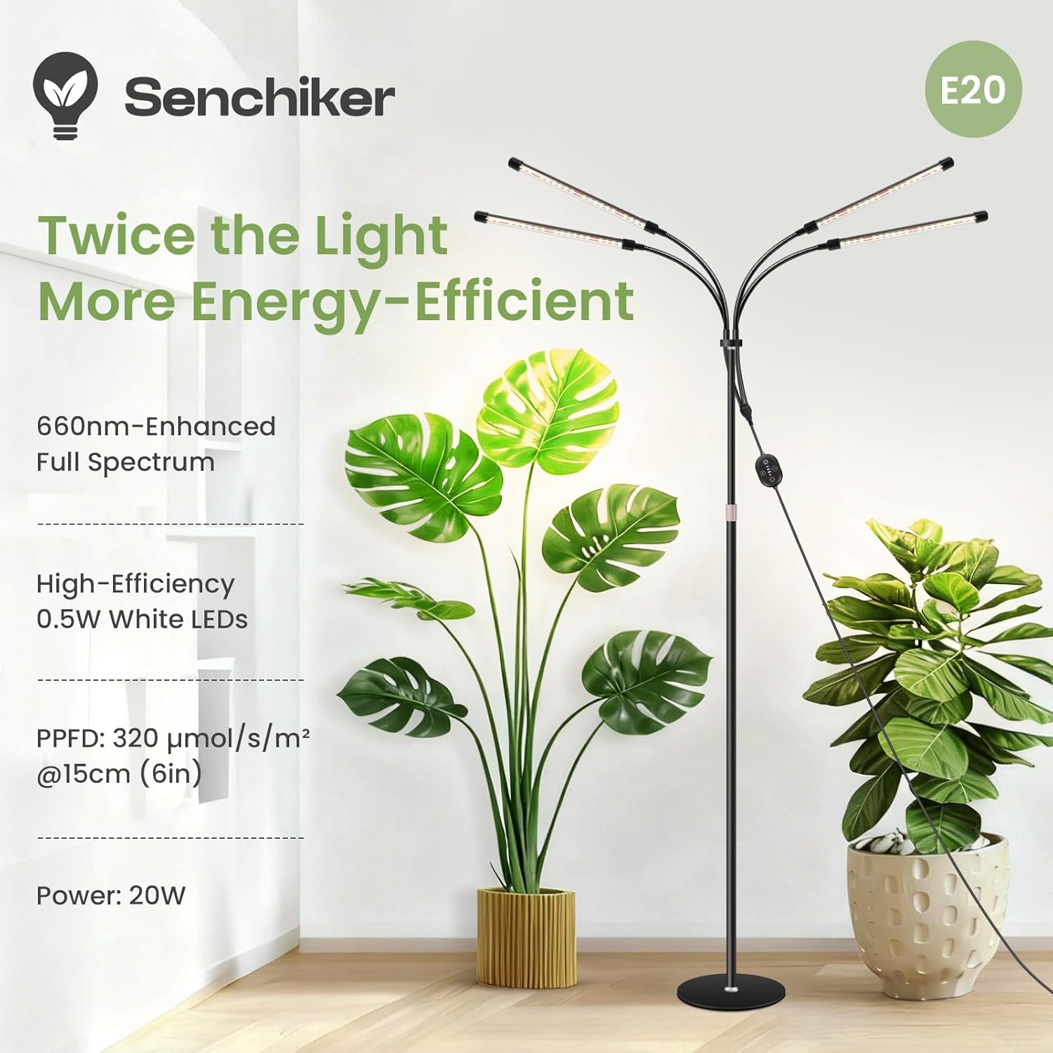 Floor Plant Grow Light 12V, 660nm-Enhanced Full Spectrum, LED Grow Lamp with Timer & Dimmable, High PPFD 320 µmol/s/m²@6in, 20W Plant Light for Indoor Growing, E20-B